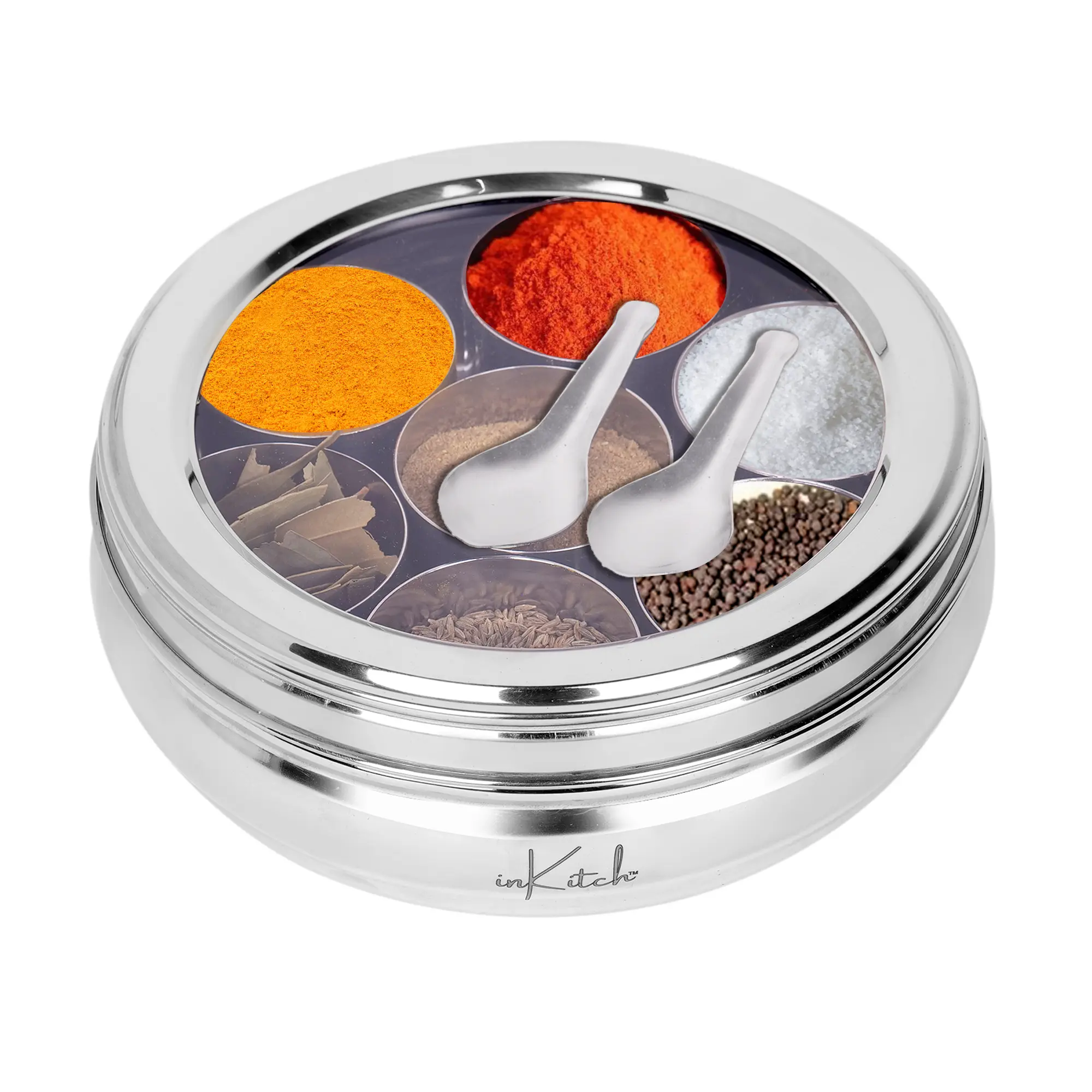 InKitch Stainless Steel Belly Shape Kitchen Spice Box | Masala Container | Masala Dani with individual See through lid with 7 Containers and Small Spoon/Small