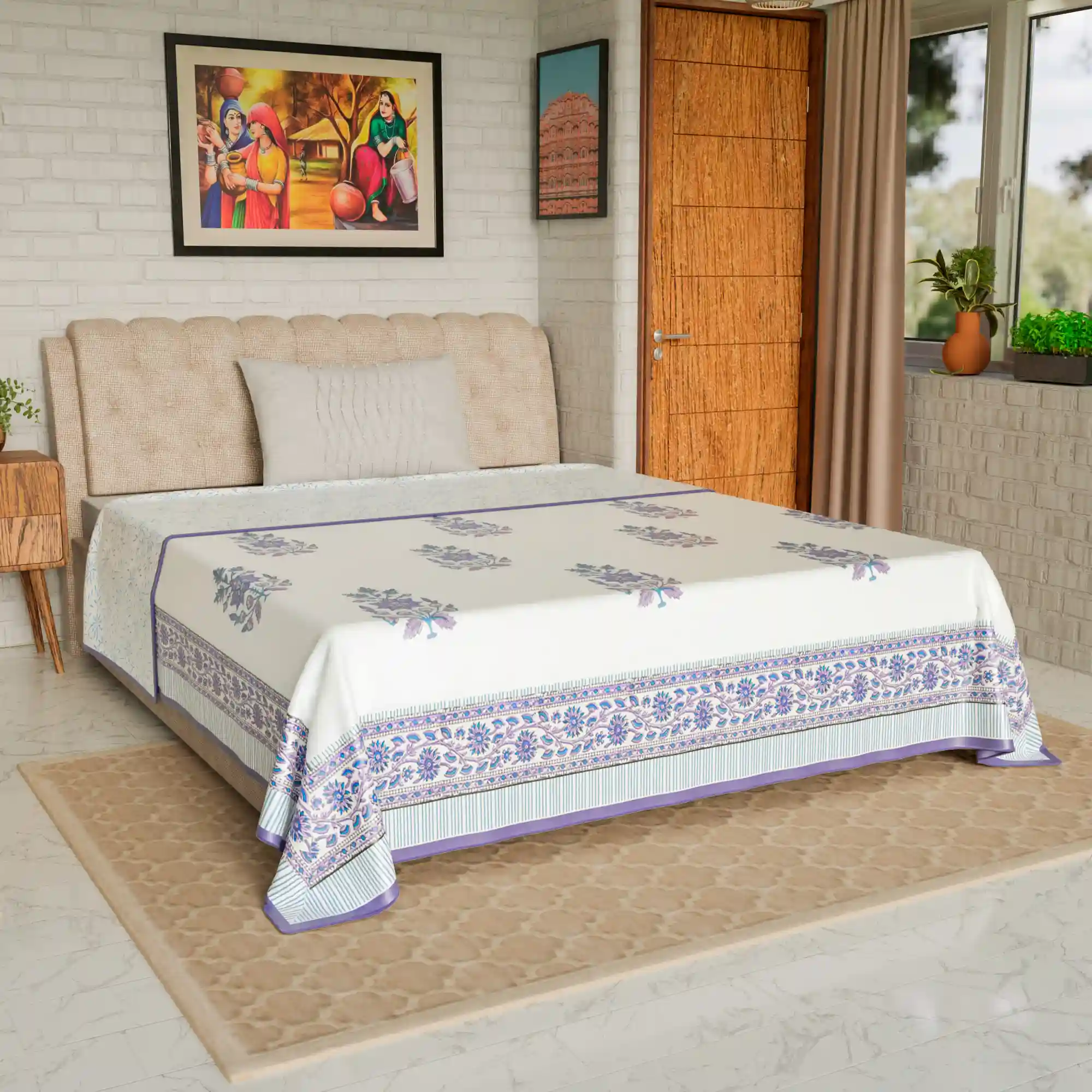 Jaipur Dohar Hand Block Printed Single Bed Cotton Dohar - Blue Purple Plant