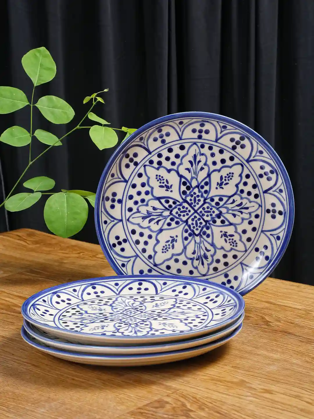 Shilpkara 'Moroccan Bloom' Hand Painted Studio Pottery Ceramic Plates For Dinner 10 Inch - Set of 4(Blue)