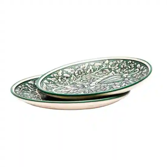 Shilpkara 'Green Royals' Hand Painted Kalamkari Serving Quarter Snacks Plates Set - Pack of 2