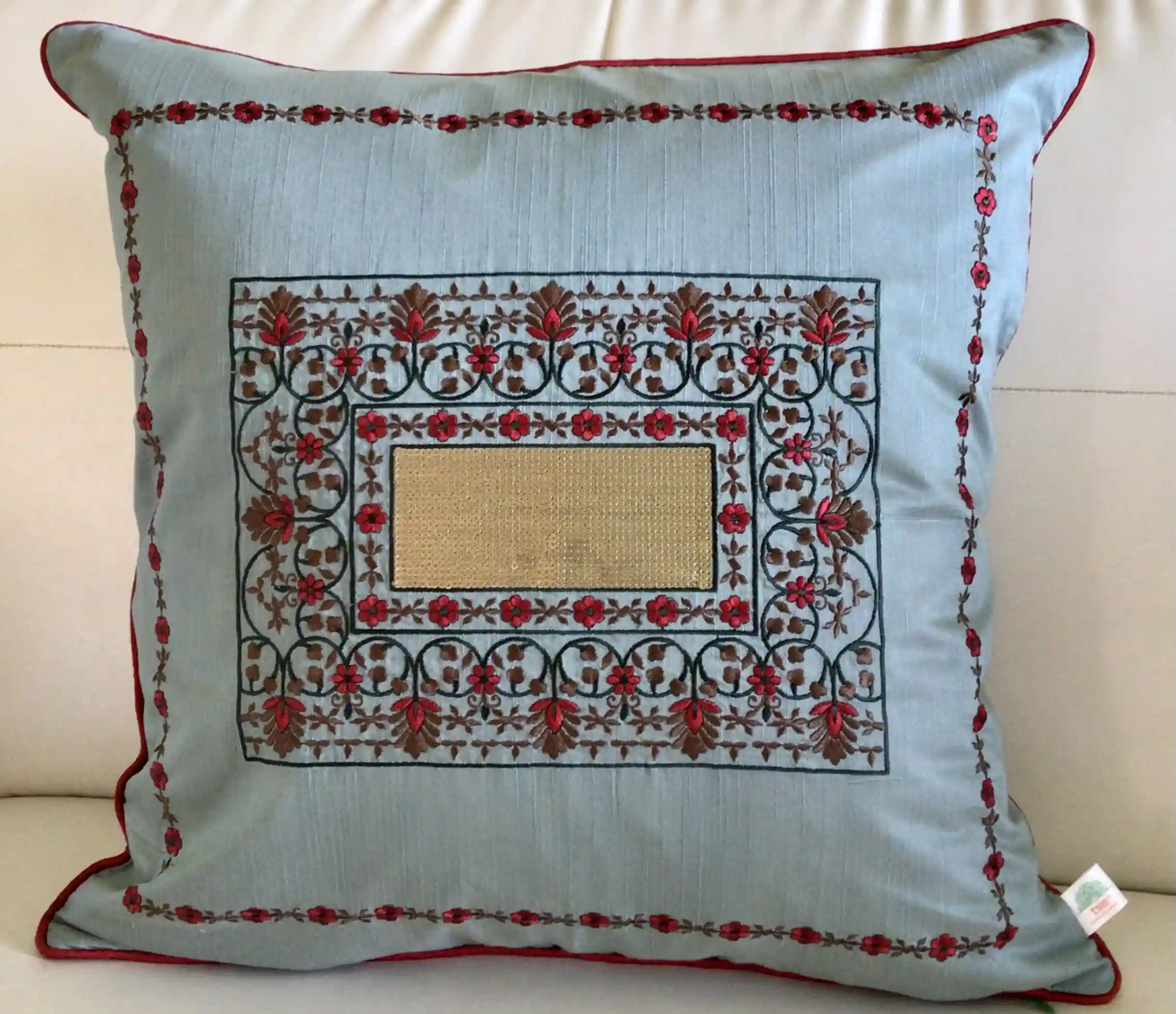 Magic Mirror- Embroidered Cotton Silk Cushion Cover- Steel Grey- Set of 2