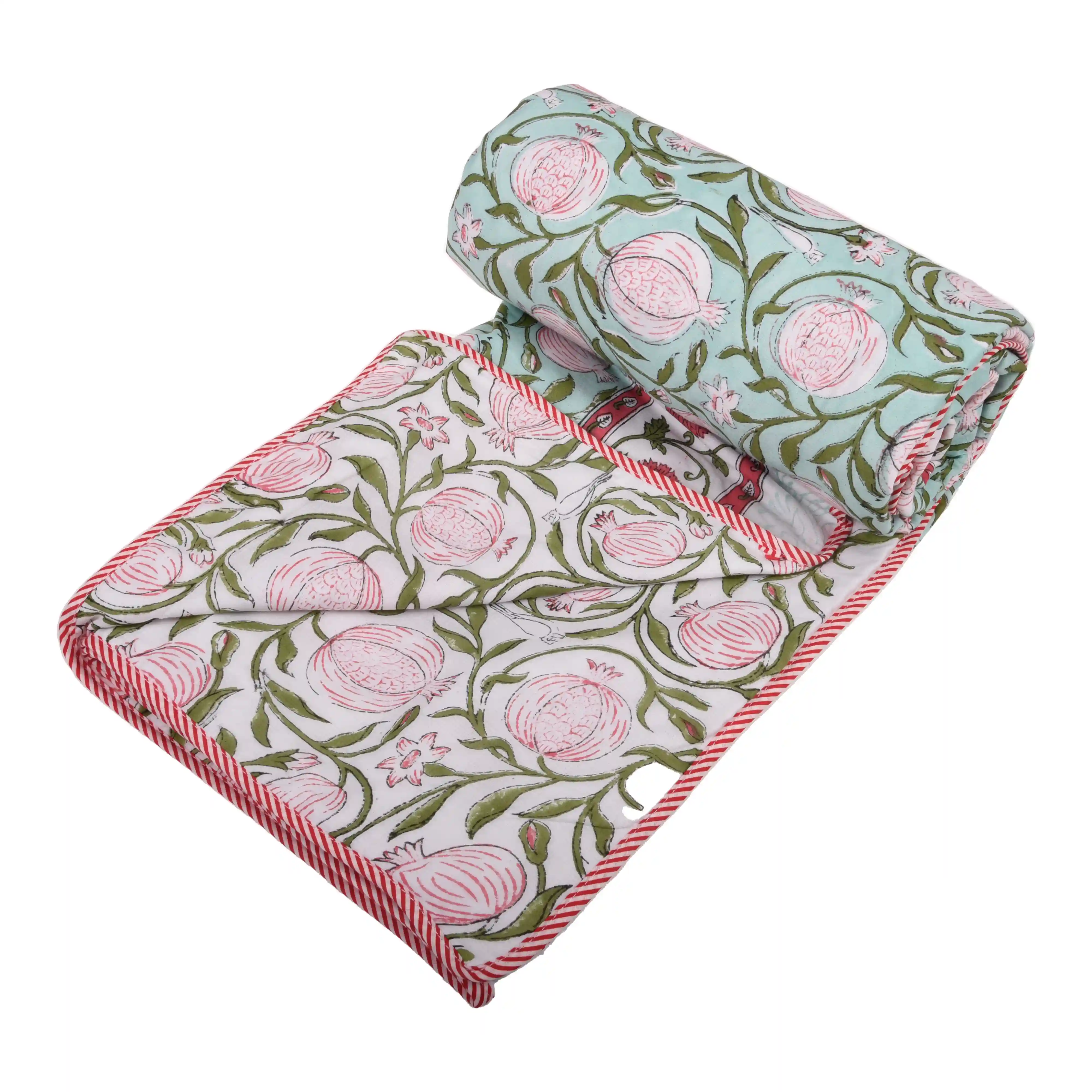 Jaipur Dohar Hand Block Printed Single Bed Cotton Dohar - Red Green Anar