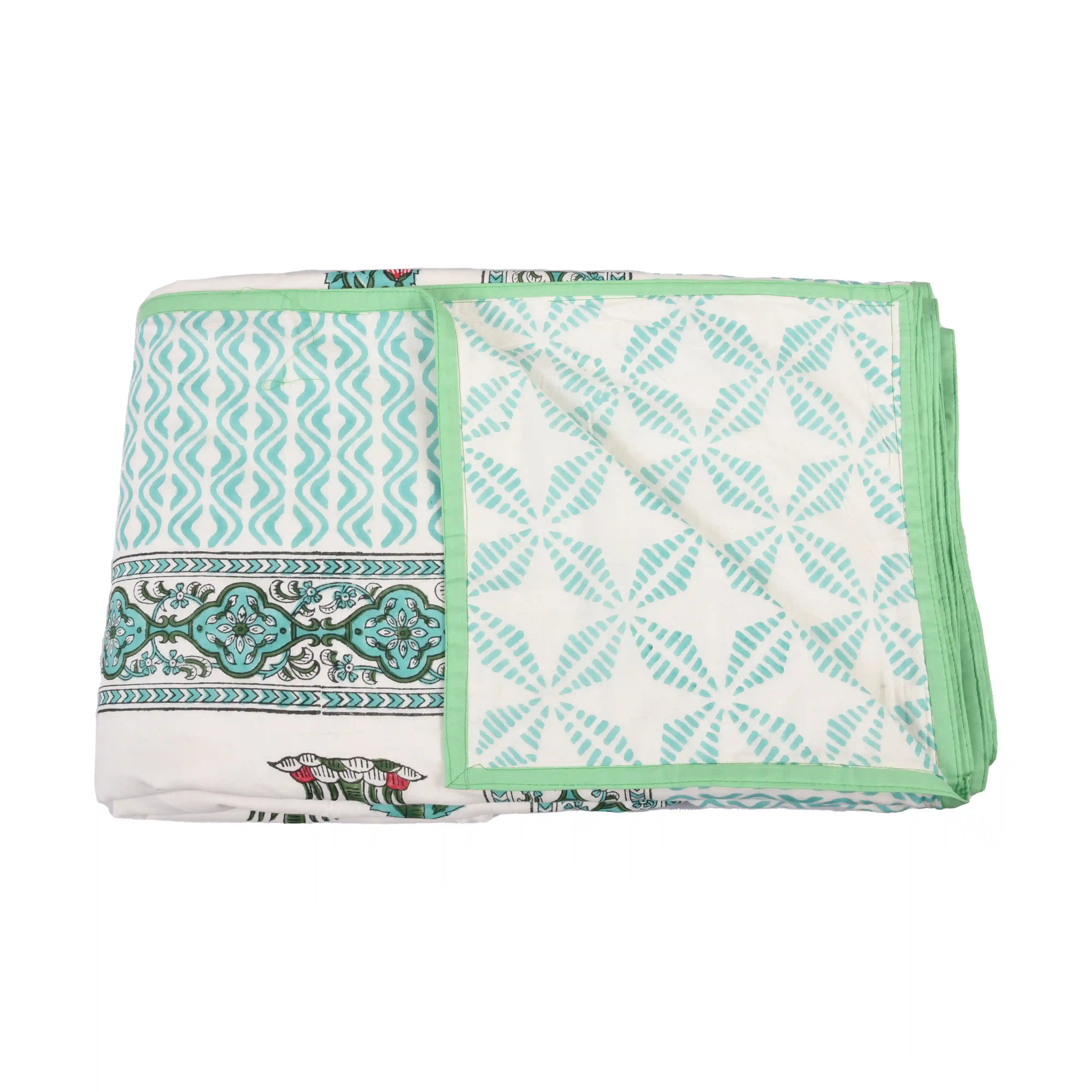 Jaipur Dohar Hand Block Printed Single Bed Cotton Dohar - Blue Green Palm