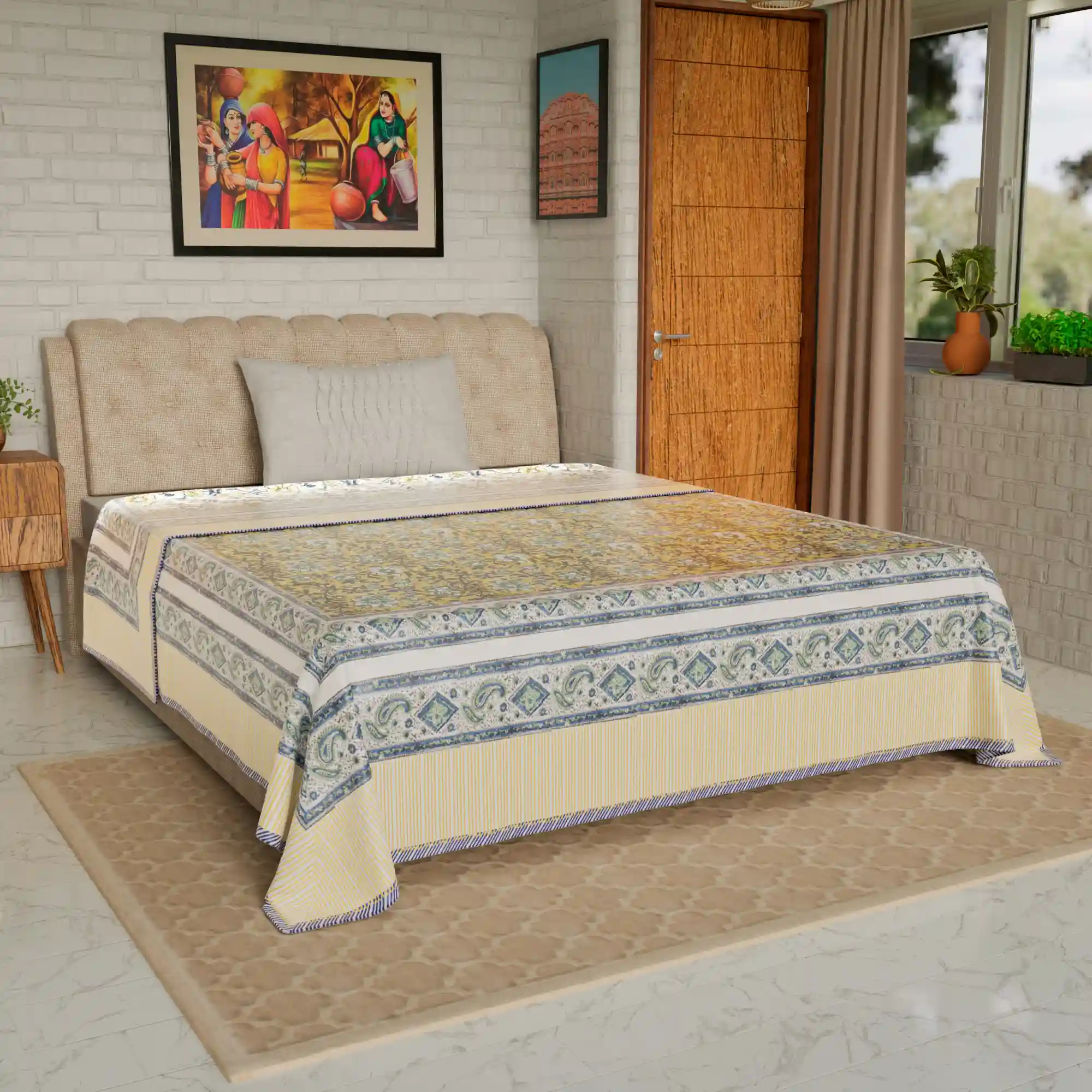 Jaipur Dohar Hand Block Printed Single Bed Cotton Dohar - Green Blue Yellow Floral