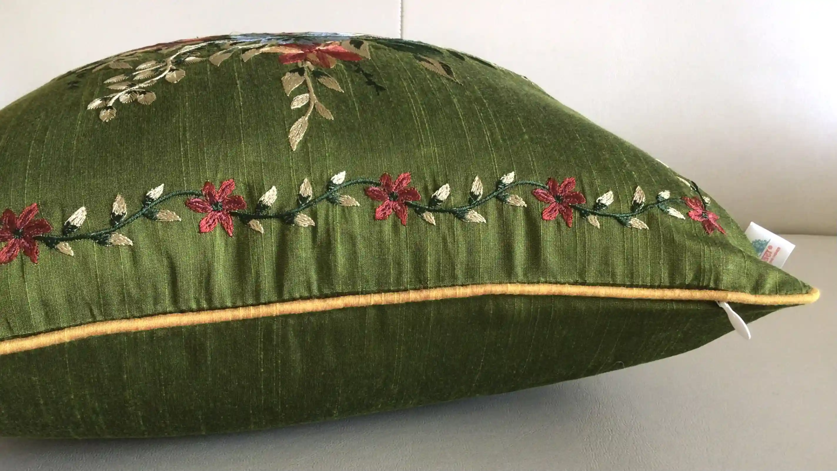 My Fairy Lady- Embroidered Cotton Silk Cushion Covers- Set of 2- Olive Green