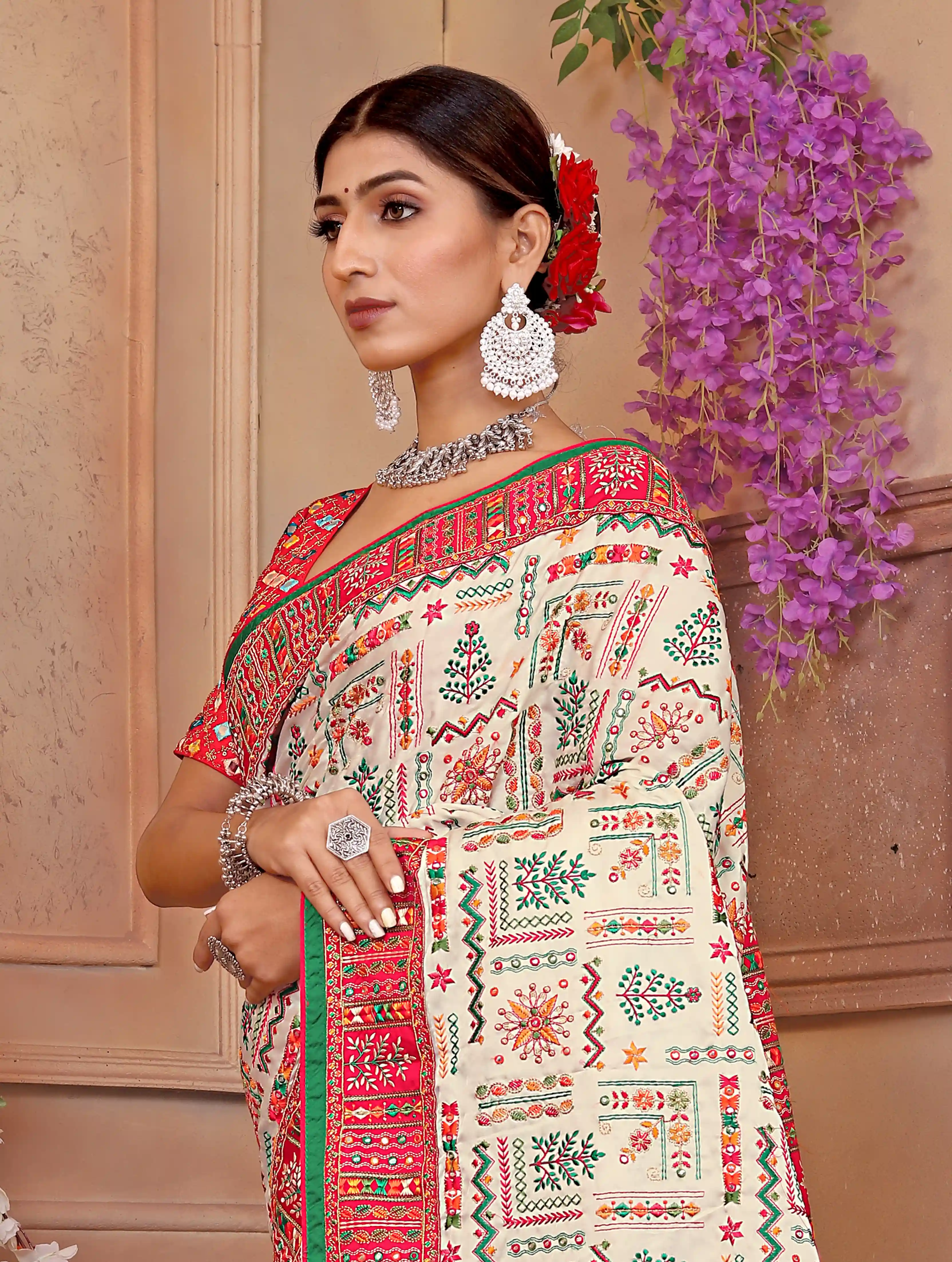 Embroidered Gaji White Silk Saree - Pink