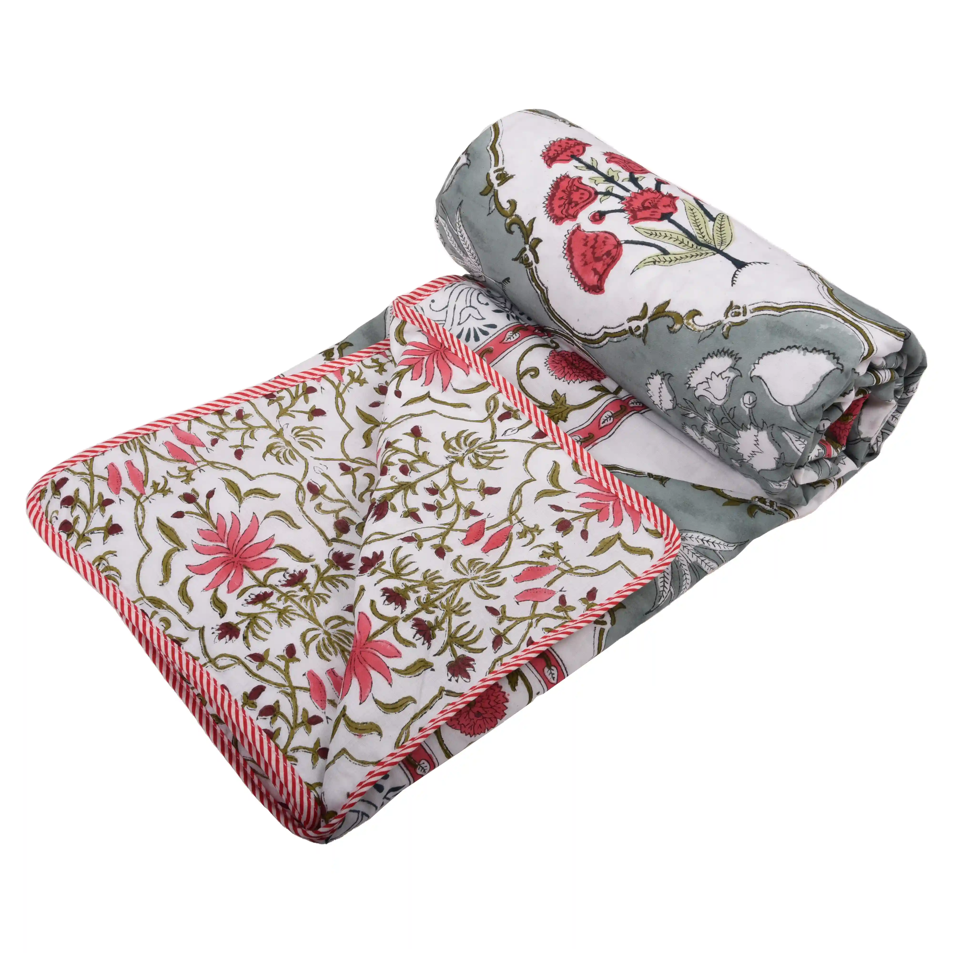 Jaipur Dohar Hand Block Printed Single Bed Cotton Dohar - Grey Red Floral