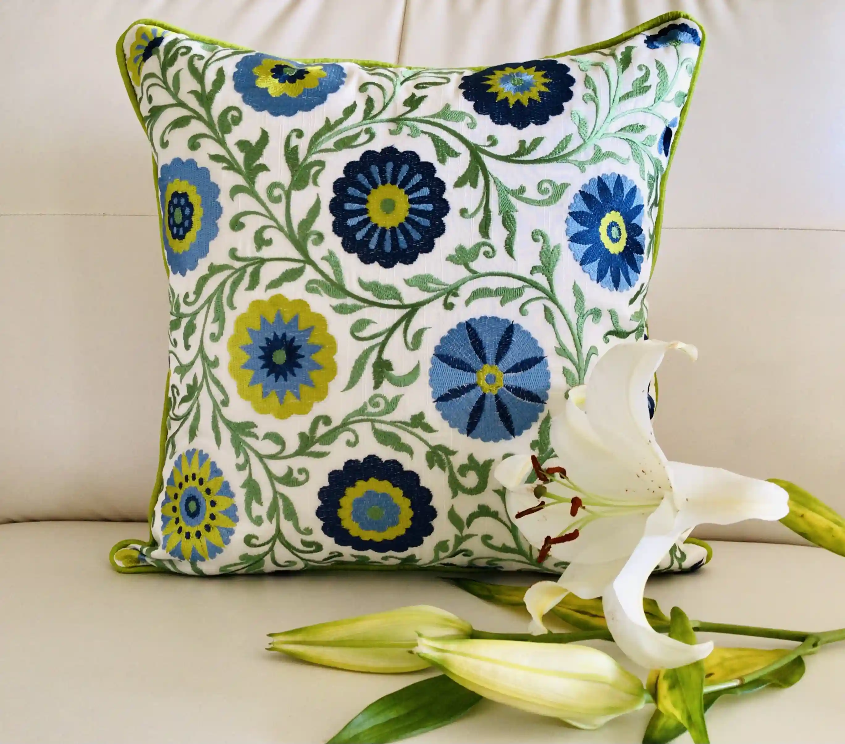 Shaan-e-Gulmarg-  Embroidered Cotton Silk Cushion Cover- Blue & Green- Set of 2