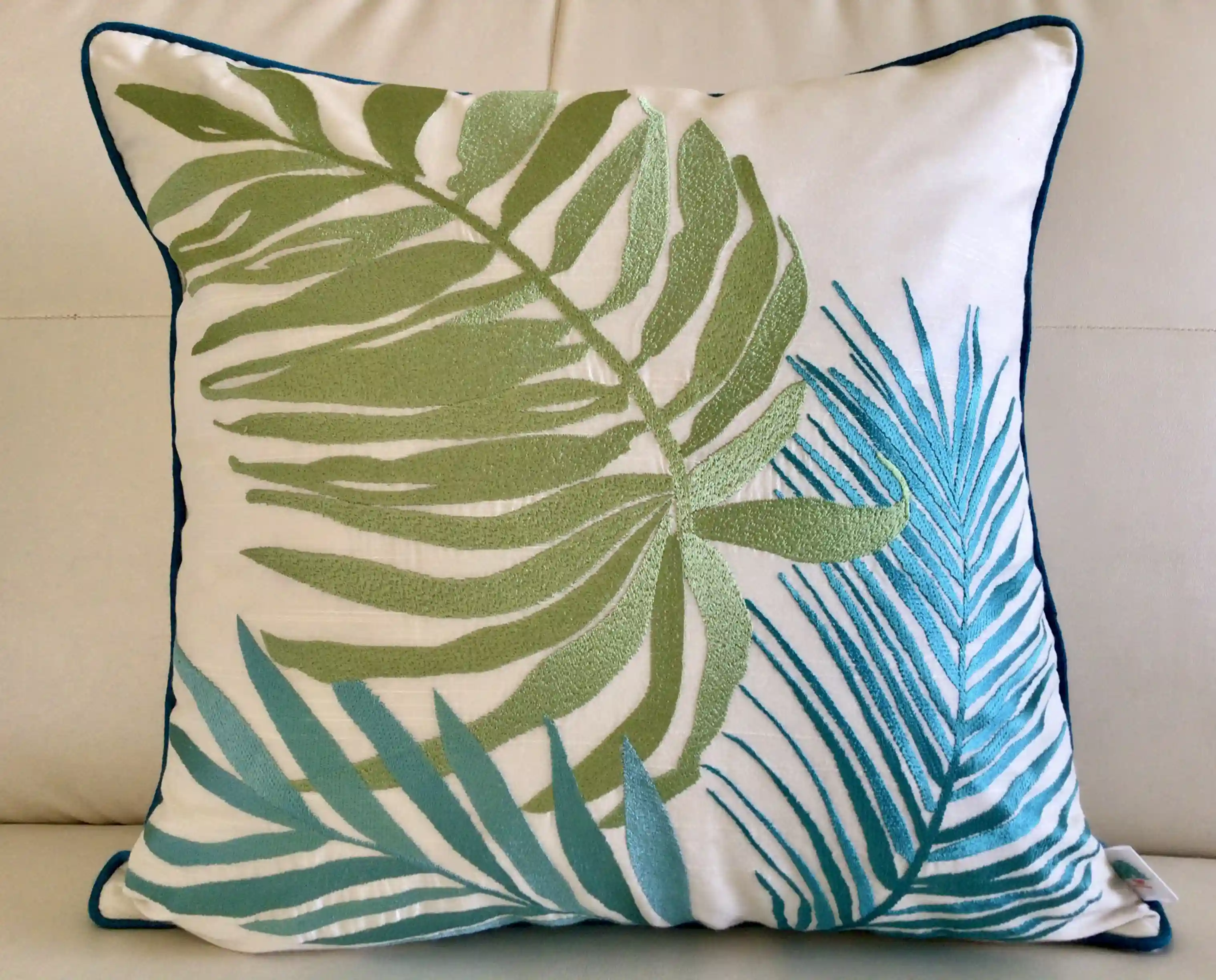 Palm Springs-  Embroidered Cotton Silk Cushion Cover- Aqua Blue- Set of 2