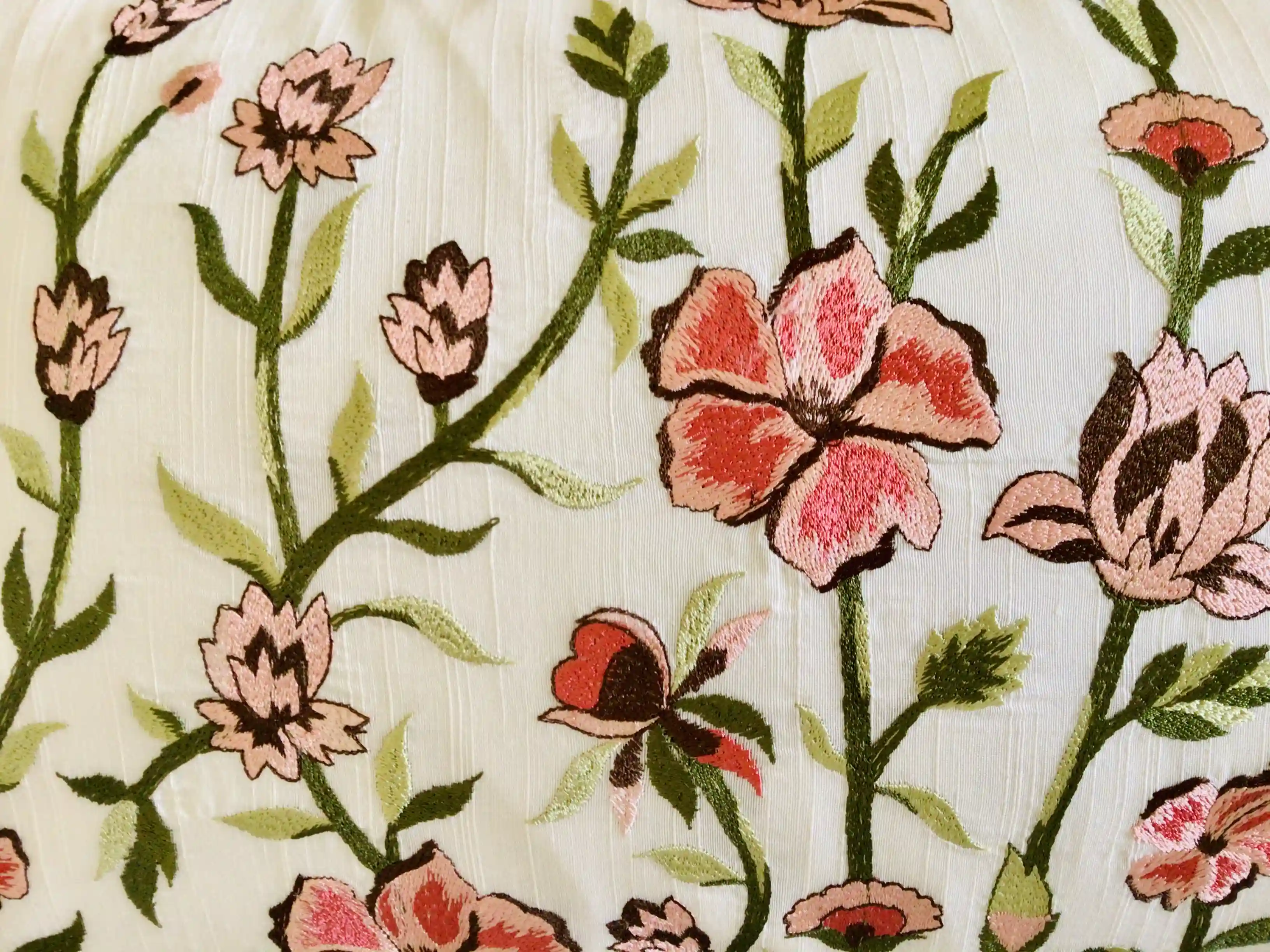 Wild Flower Fields- Embroidered Cotton Silk Cushion Cover- Pastel Pink & Green- Set of 2