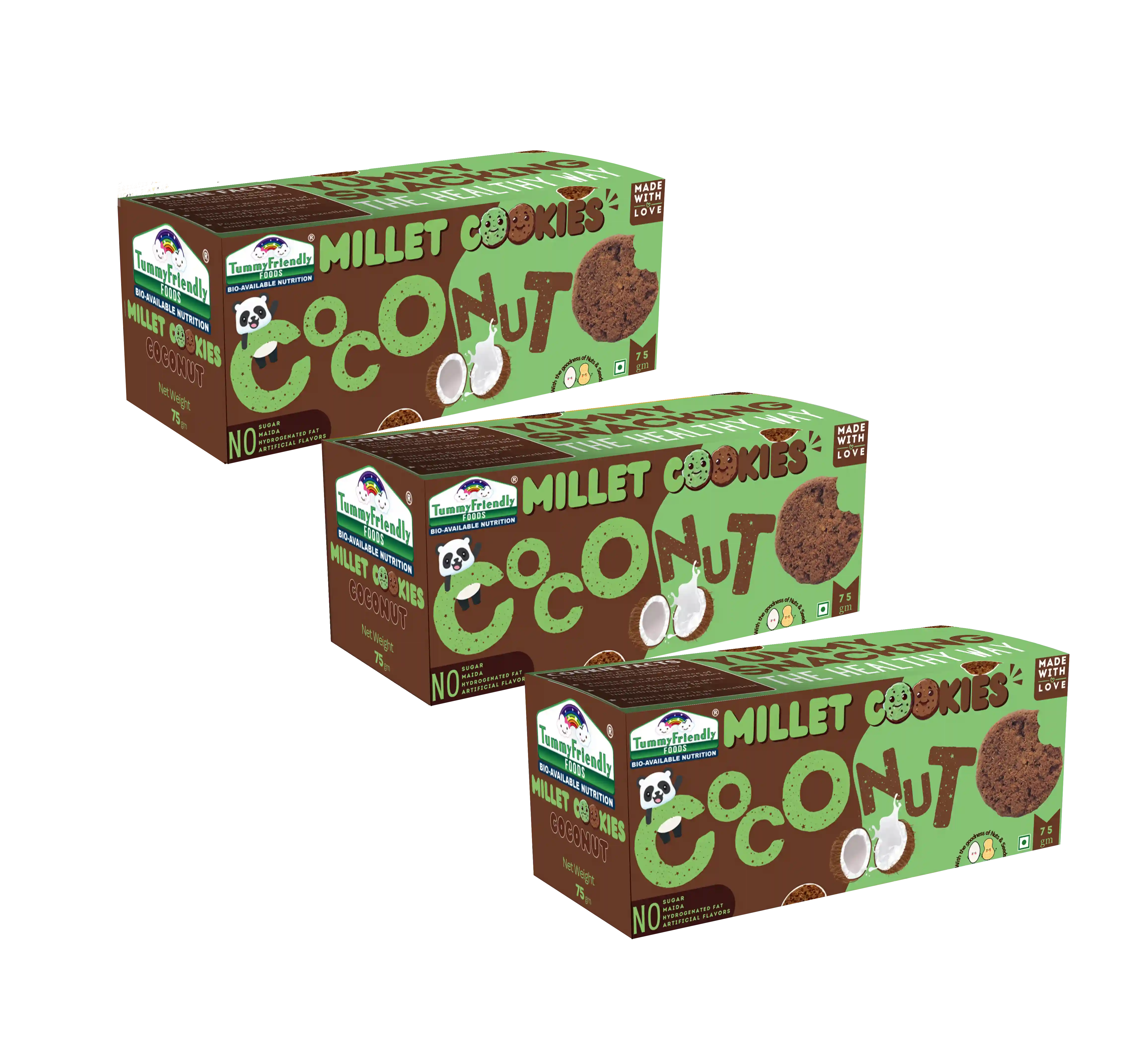 Tummy Friendly Foods Millet Cookies - Coconut - Pack Of 3 - 75G Each. Healthy Ragi Biscuits, Snacks For Baby, Kids & Adults