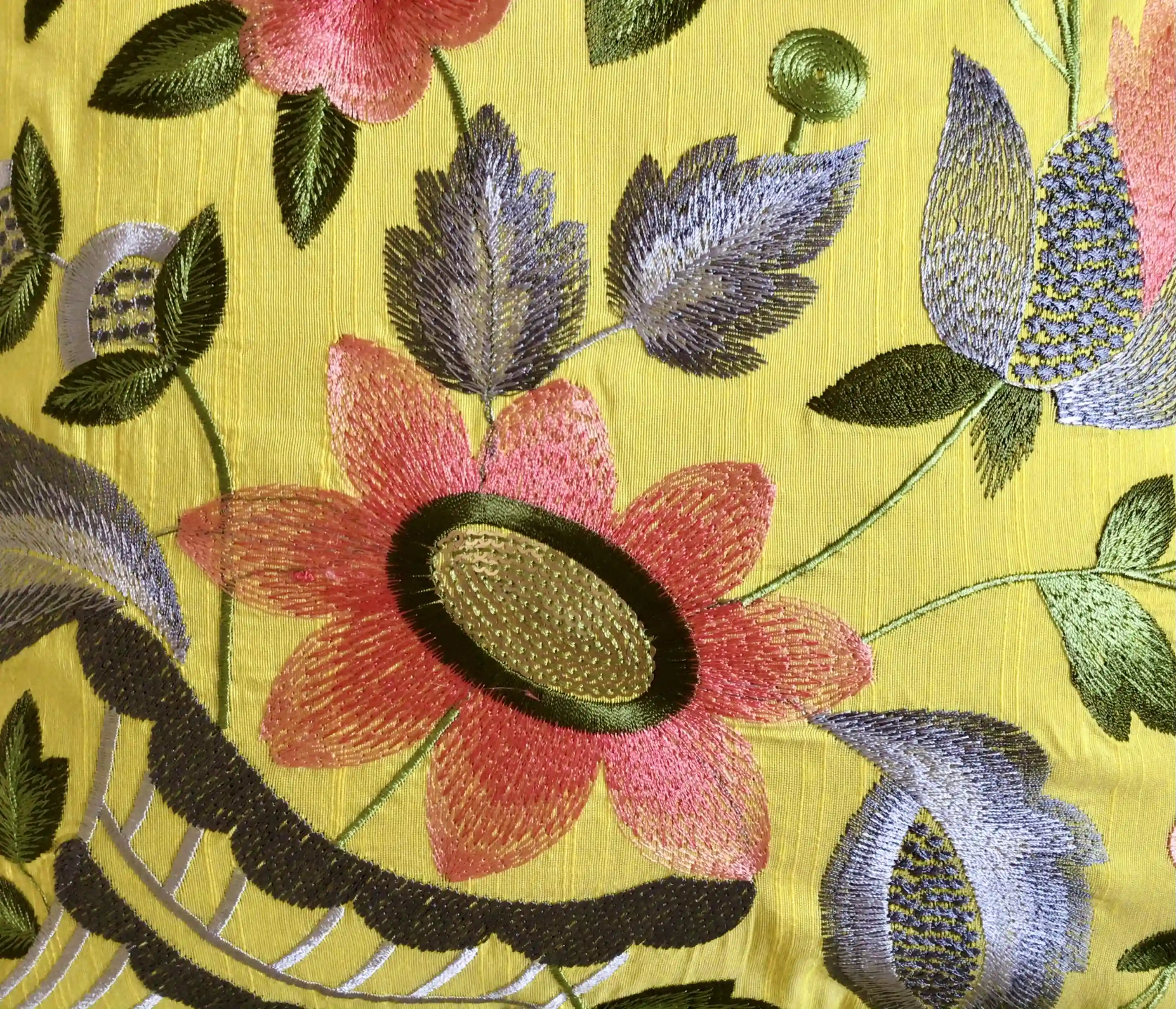 Floral Ecstasy- Embroidered Cotton Silk Cushion Cover- Limoncello Yellow- Set of 2