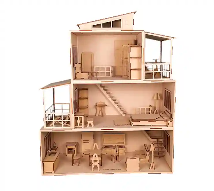 Full ready wooden 3 storey dollhouse with set of 31 miniature furniture, colors and brush