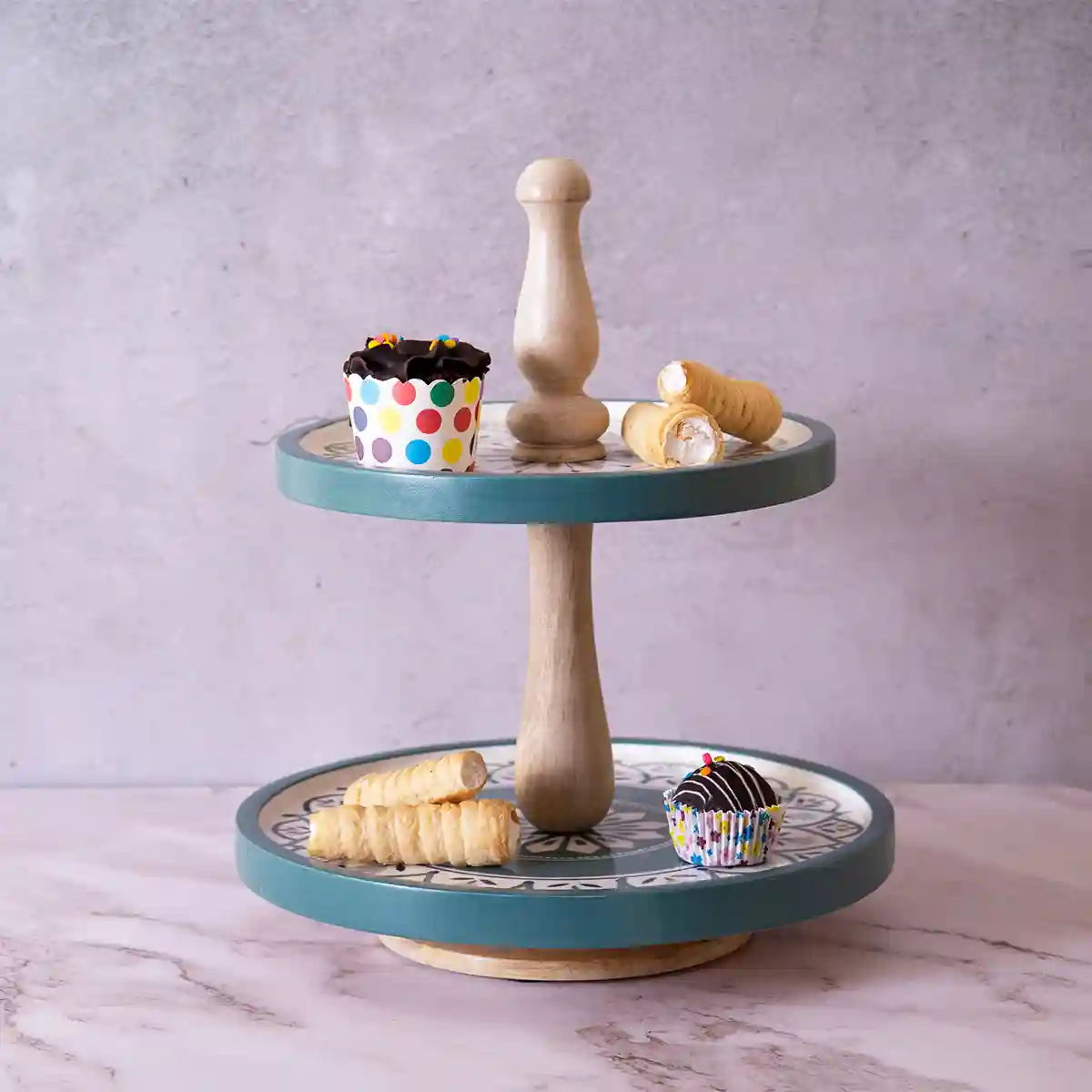 Handpainted Wooden 2 Tier Cake Stand