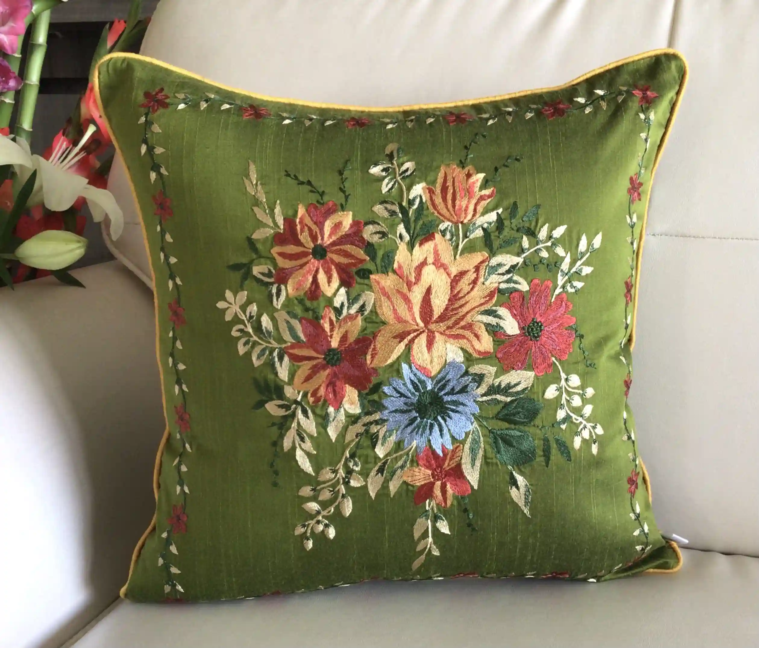 My Fairy Lady- Embroidered Cotton Silk Cushion Covers- Set of 2- Olive Green