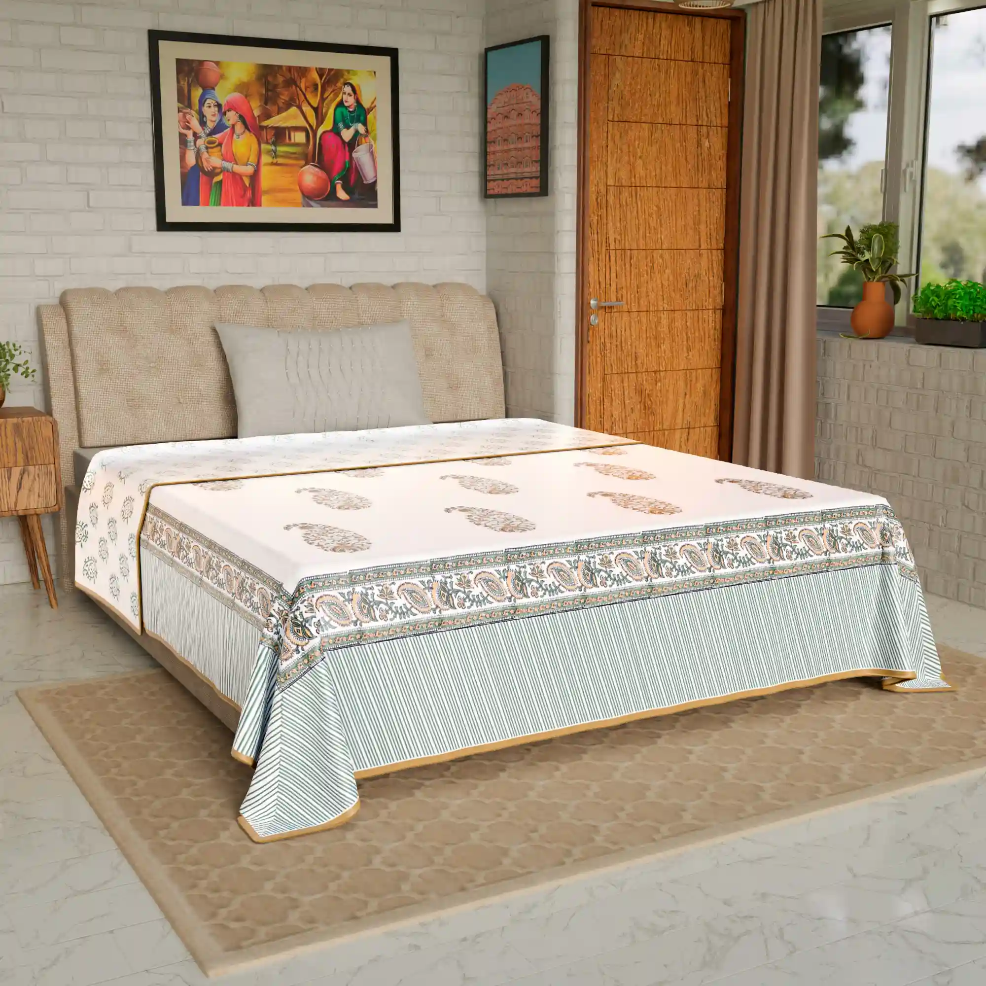 Jaipur Dohar Hand Block Printed Single Bed Cotton Dohar - Mustard Green Paisley