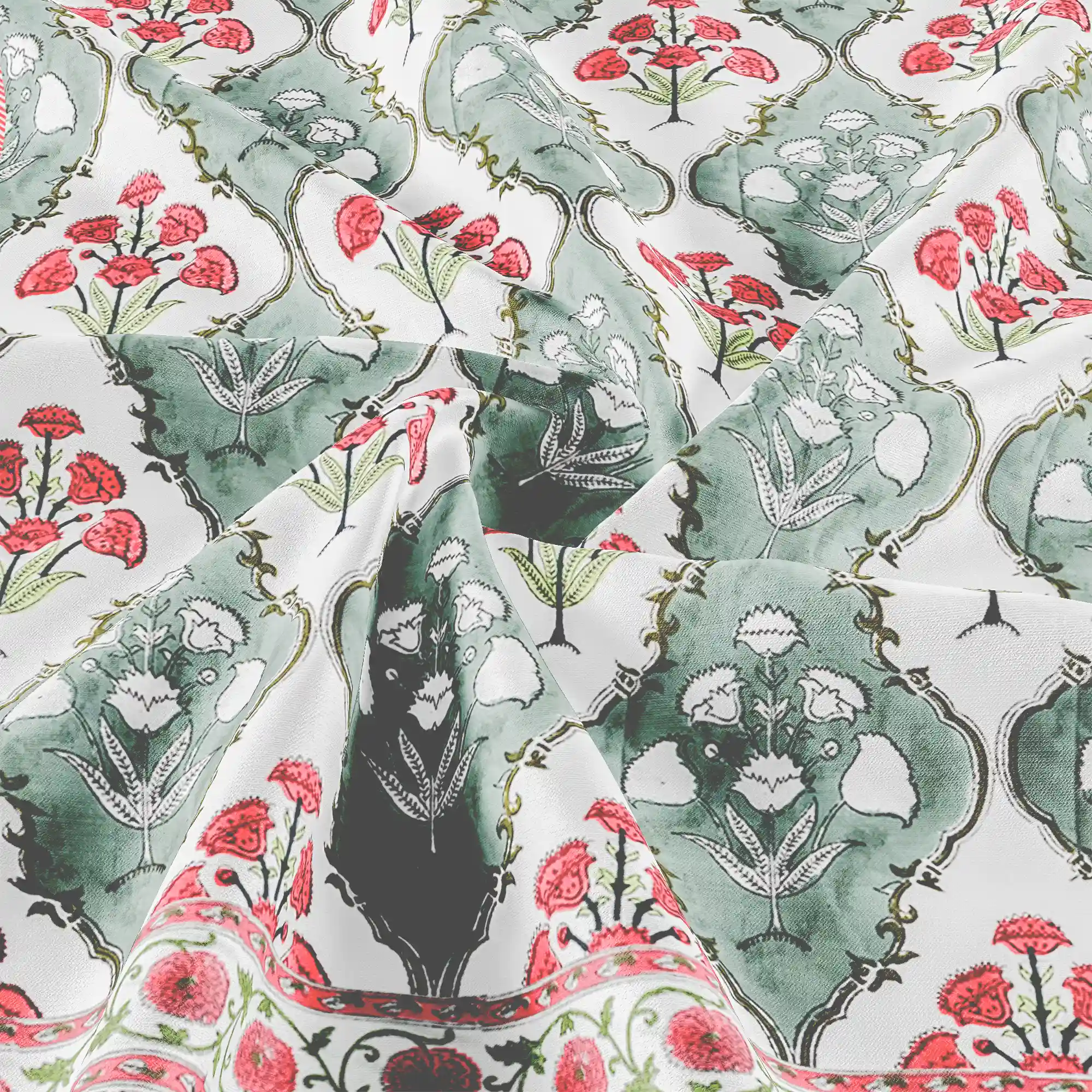 Jaipur Dohar Hand Block Printed Single Bed Cotton Dohar - Grey Red Floral