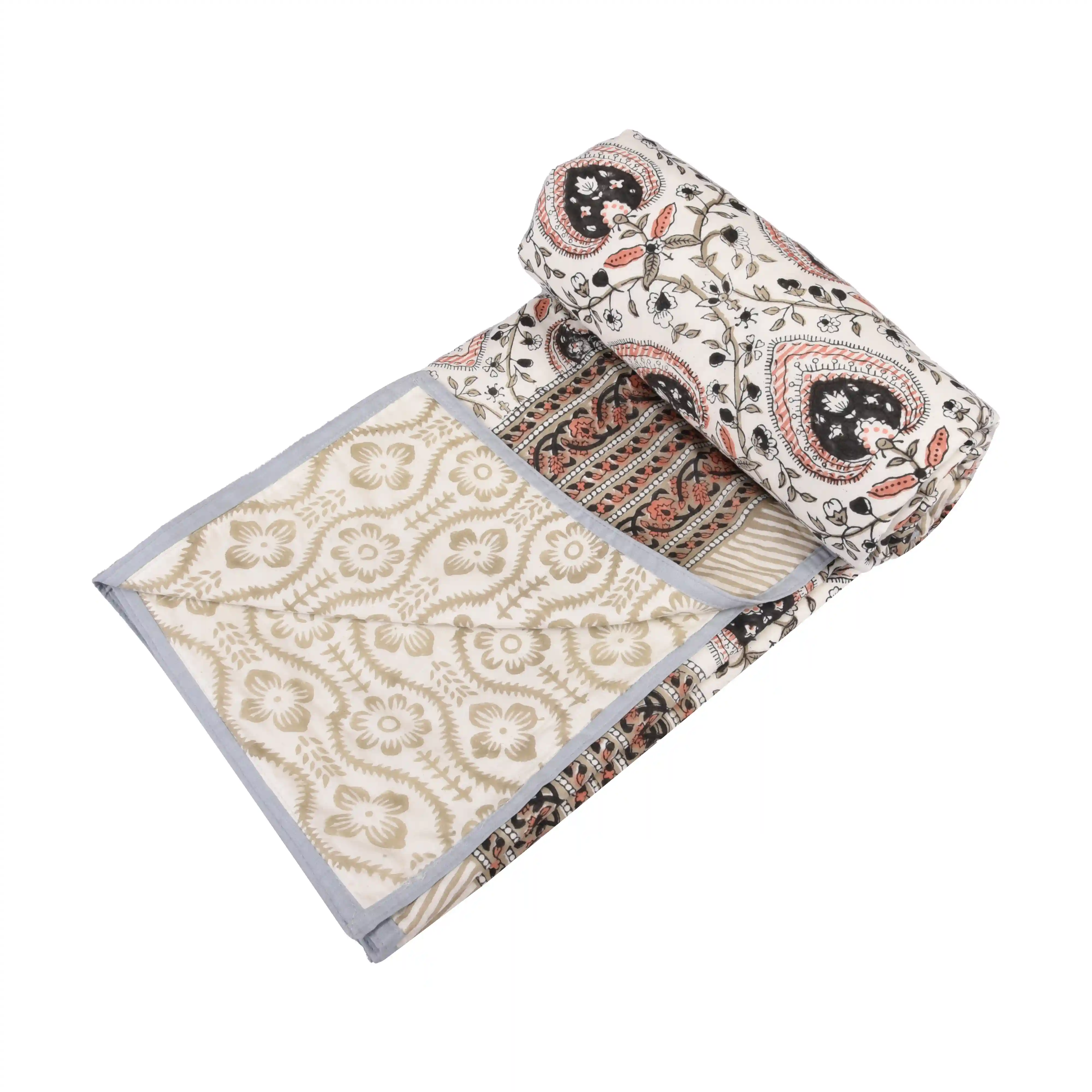 Jaipur Dohar Hand Block Printed Single Bed Cotton Dohar - Orange Grey Floral