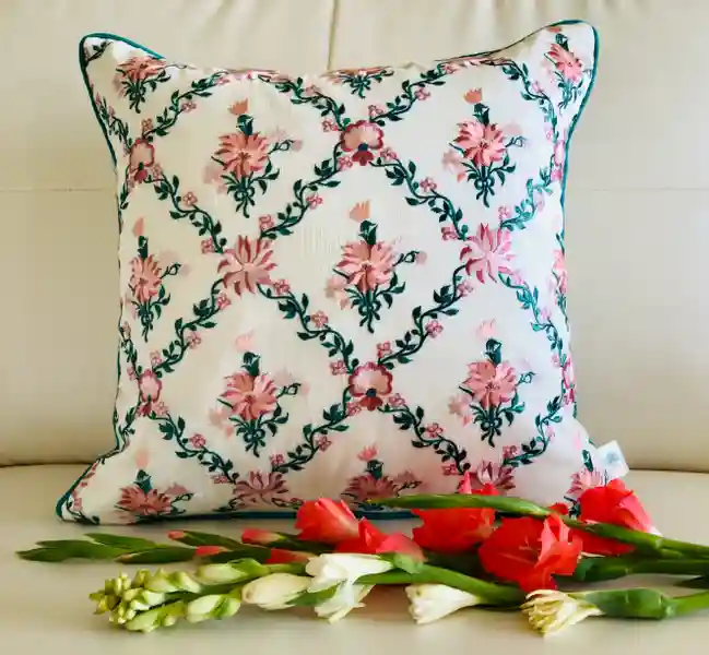 Paradise- Embroidered Cotton Silk Cushion Cover- Teal Blue & Off- White- Set of 2