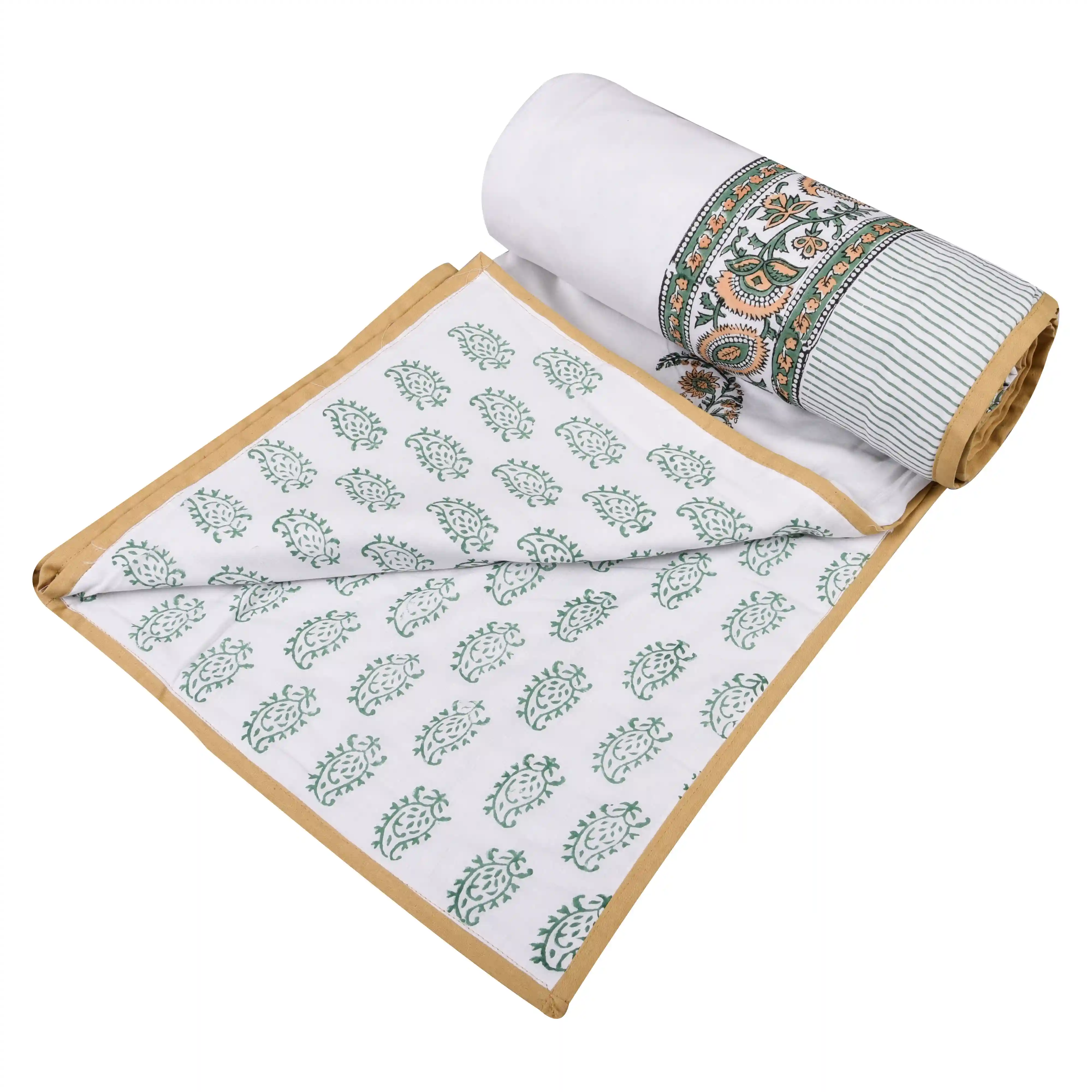 Jaipur Dohar Hand Block Printed Single Bed Cotton Dohar - Mustard Green Paisley