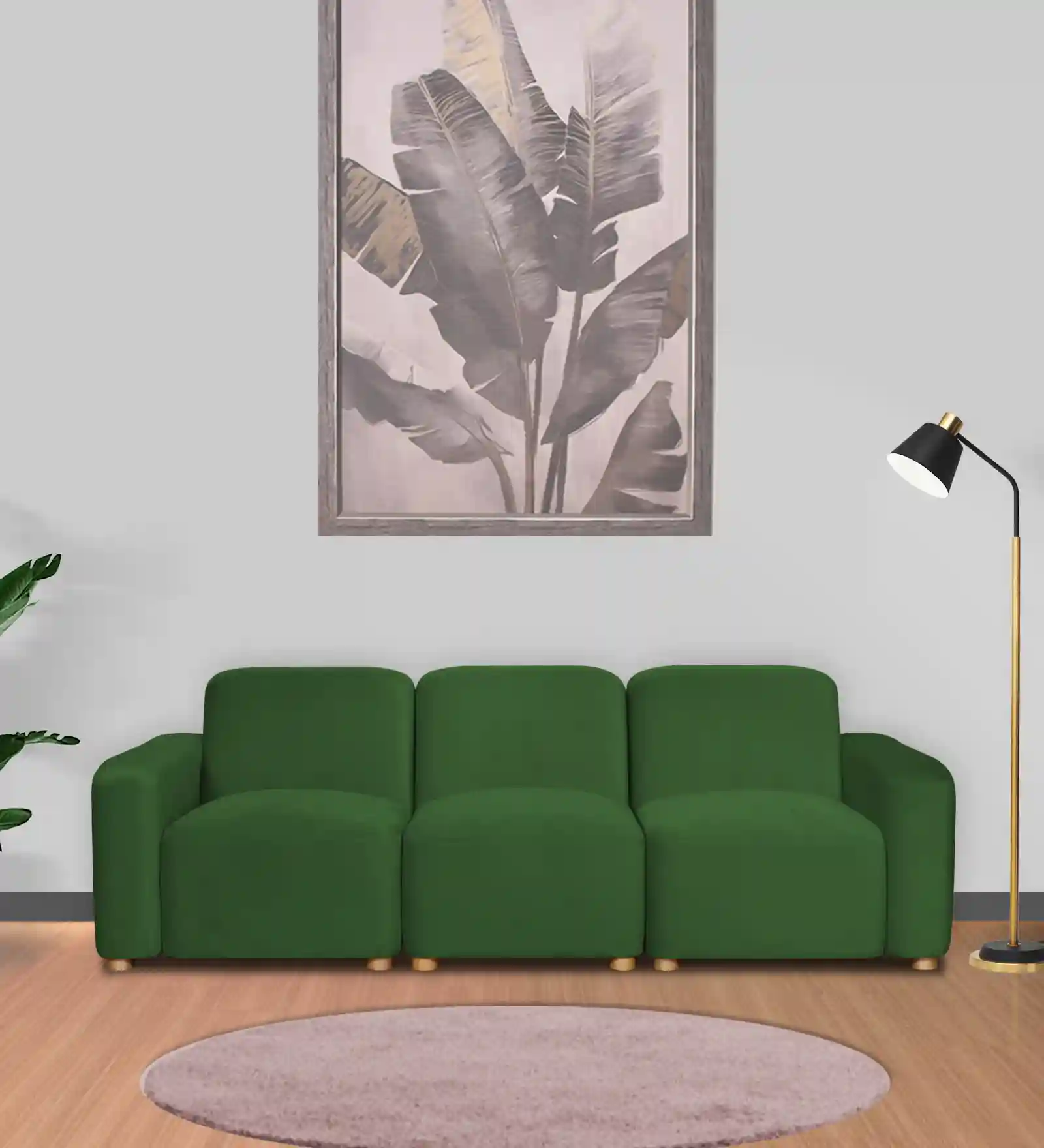 Pine Wood Polyester Fabric Green 3 - Seater Sofa
