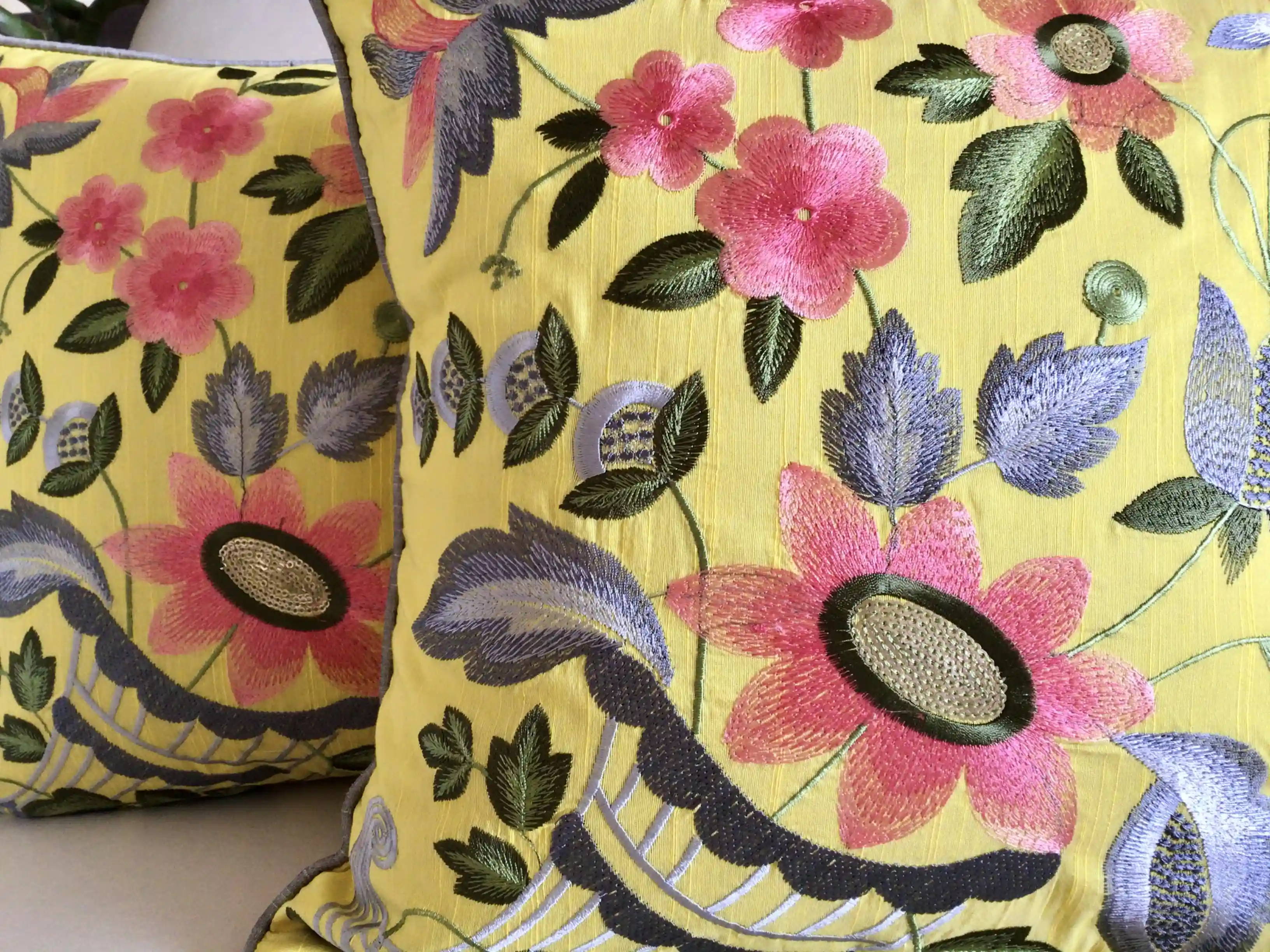 Floral Ecstasy- Embroidered Cotton Silk Cushion Cover- Limoncello Yellow- Set of 2