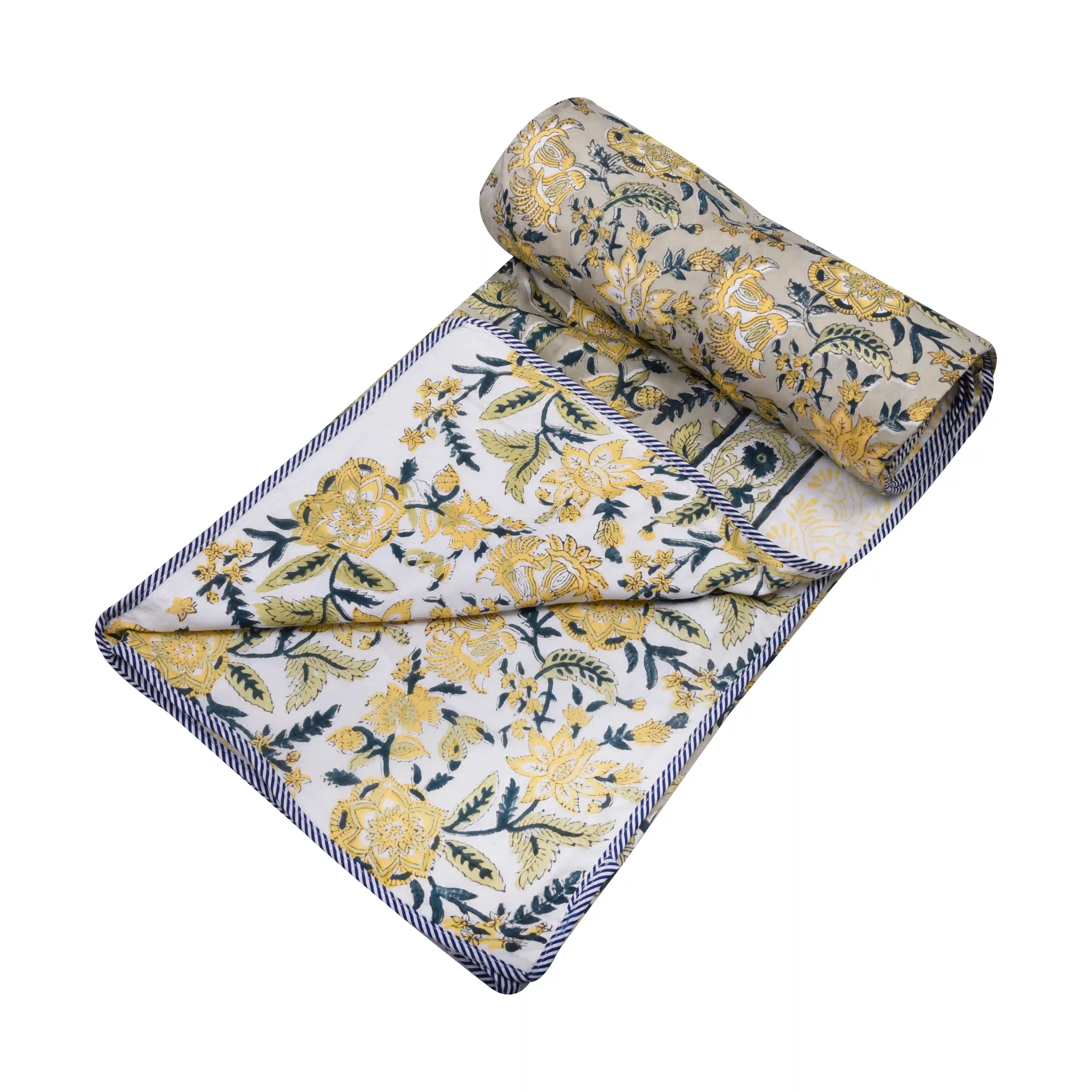 Jaipur Dohar Hand Block Printed Single Bed Cotton Dohar - Yellow Blue Floral
