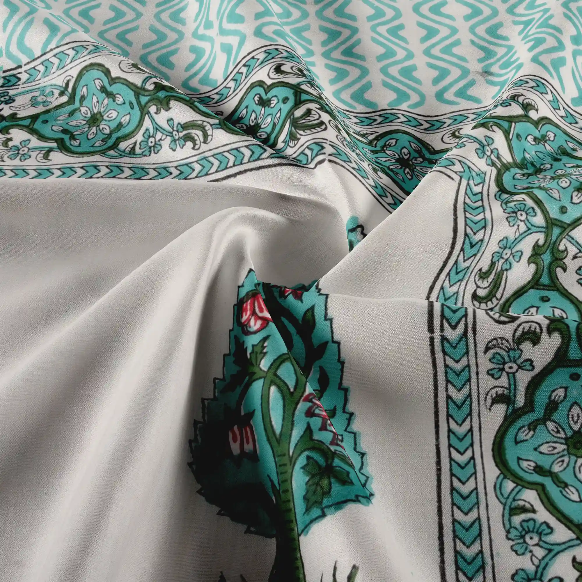 Jaipur Dohar Hand Block Printed Single Bed Cotton Dohar - Blue Green Palm