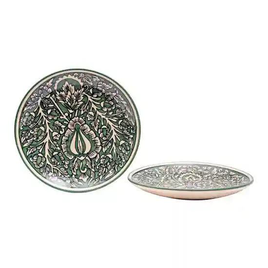 Shilpkara 'Green Royals' Hand Painted Kalamkari Serving Quarter Snacks Plates Set - Pack of 2