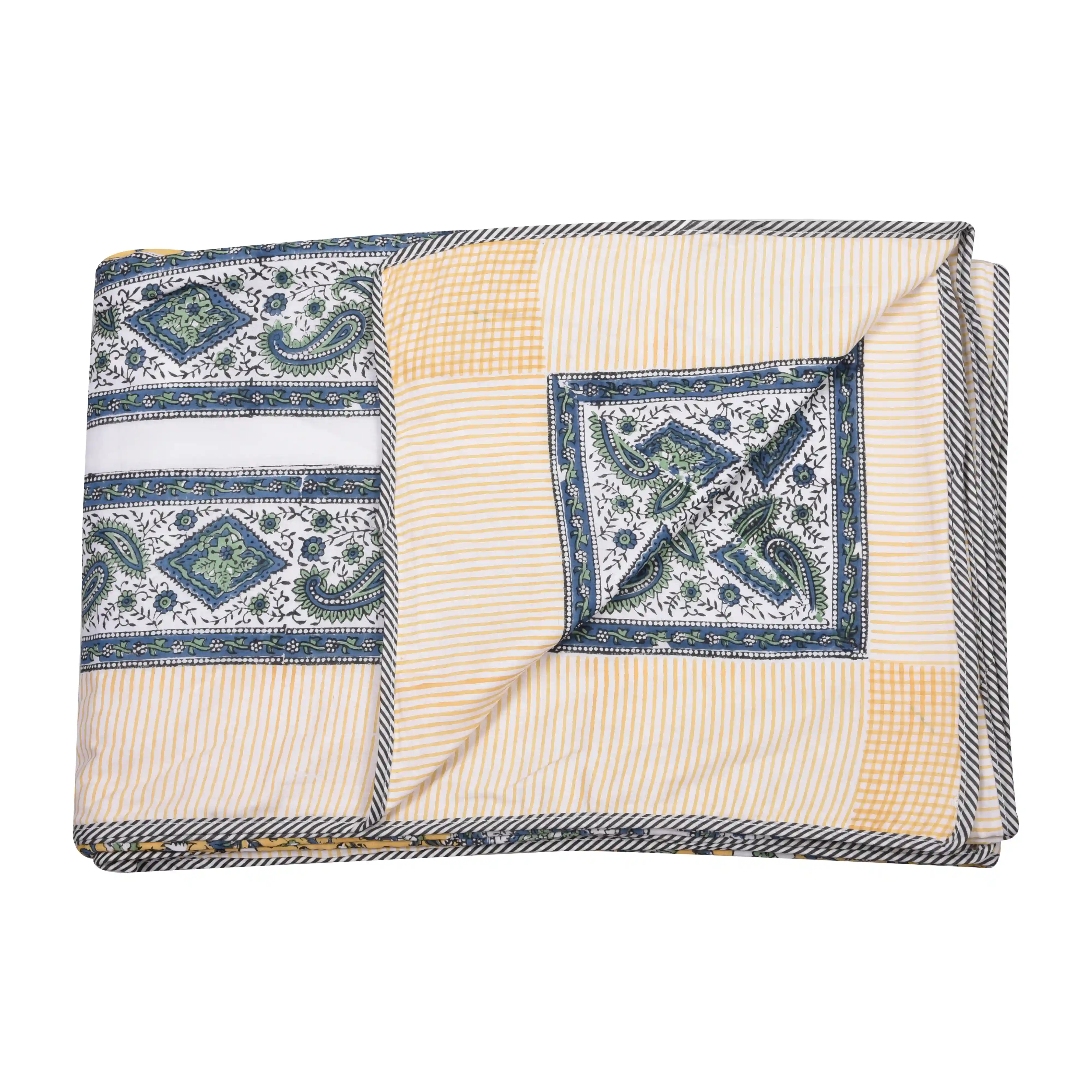 Jaipur Dohar Hand Block Printed Single Bed Cotton Dohar - Green Blue Yellow Floral