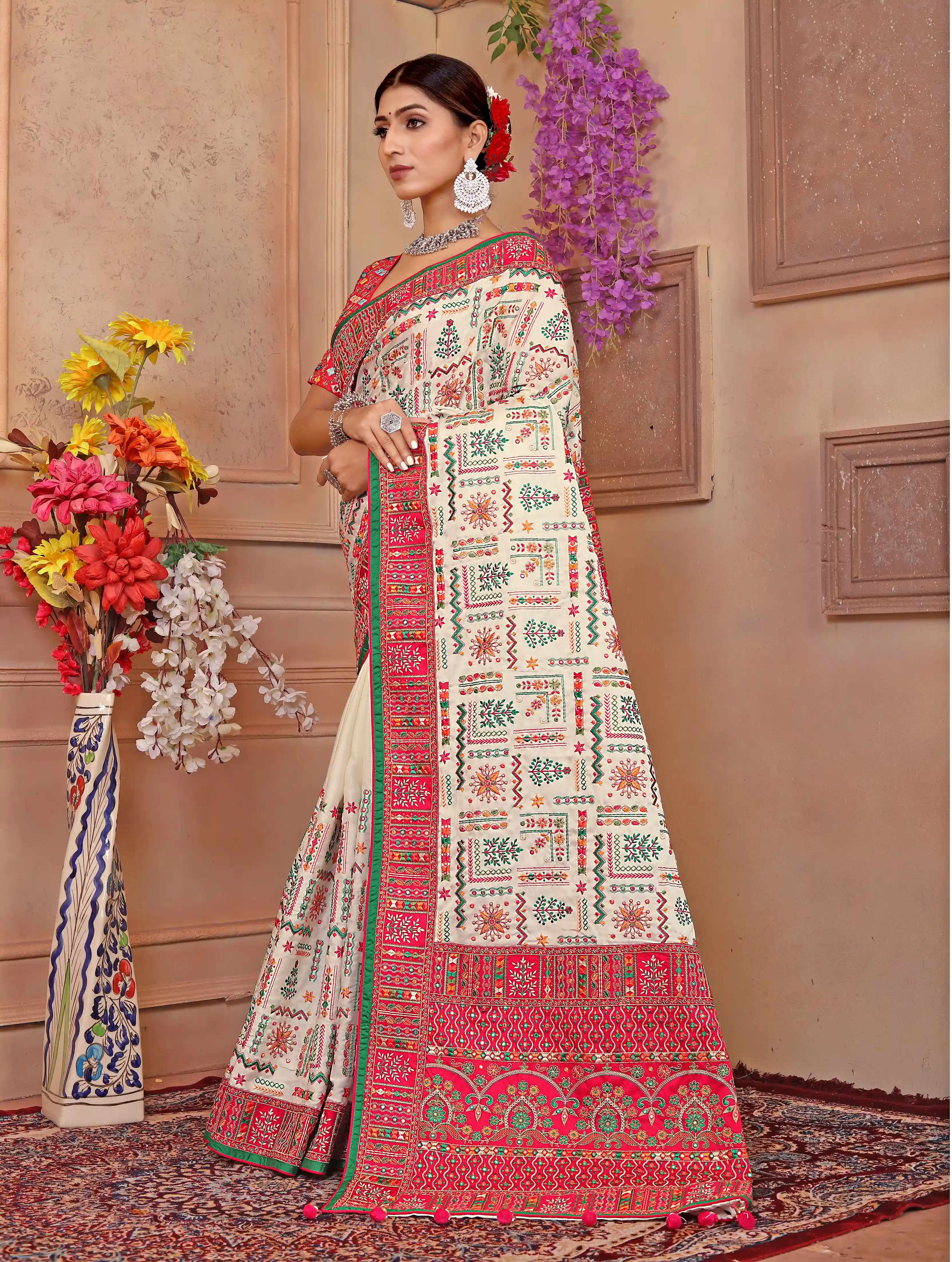 Embroidered Gaji White Silk Saree - Pink