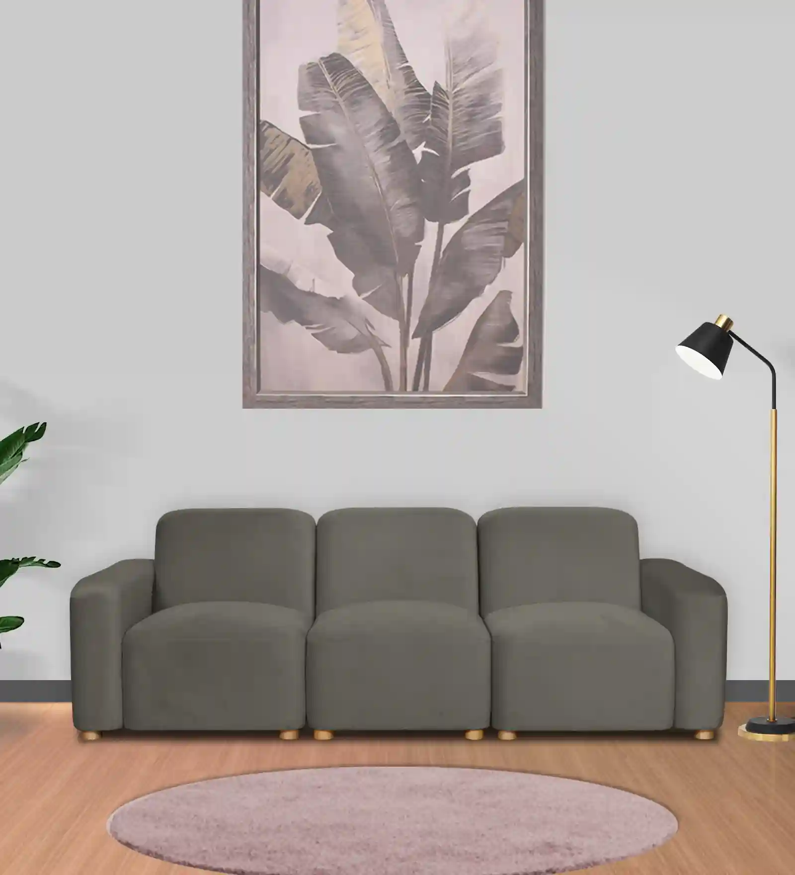 Pine Wood Polyester Fabric 3-Seater Sofa in Grey