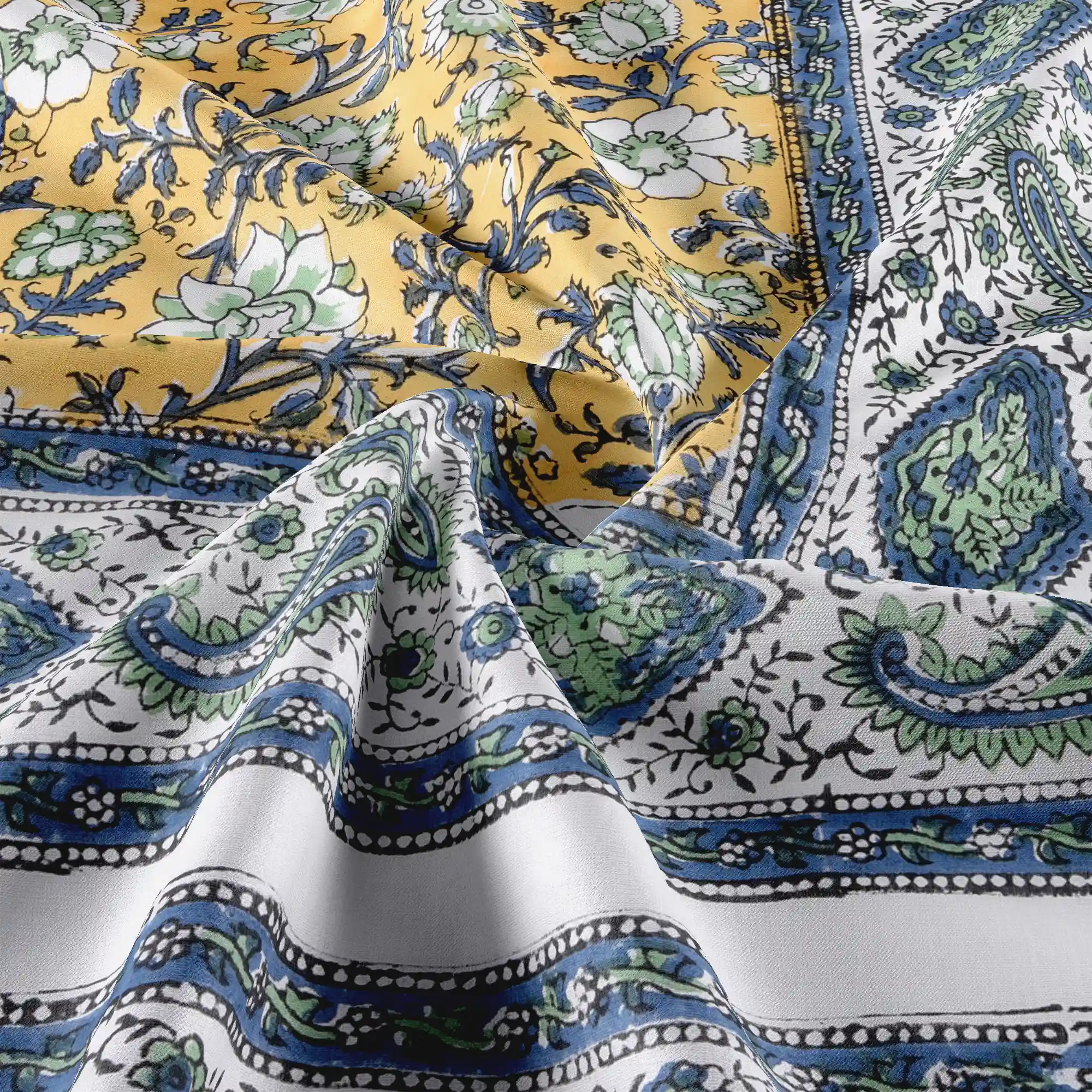 Jaipur Dohar Hand Block Printed Single Bed Cotton Dohar - Green Blue Yellow Floral