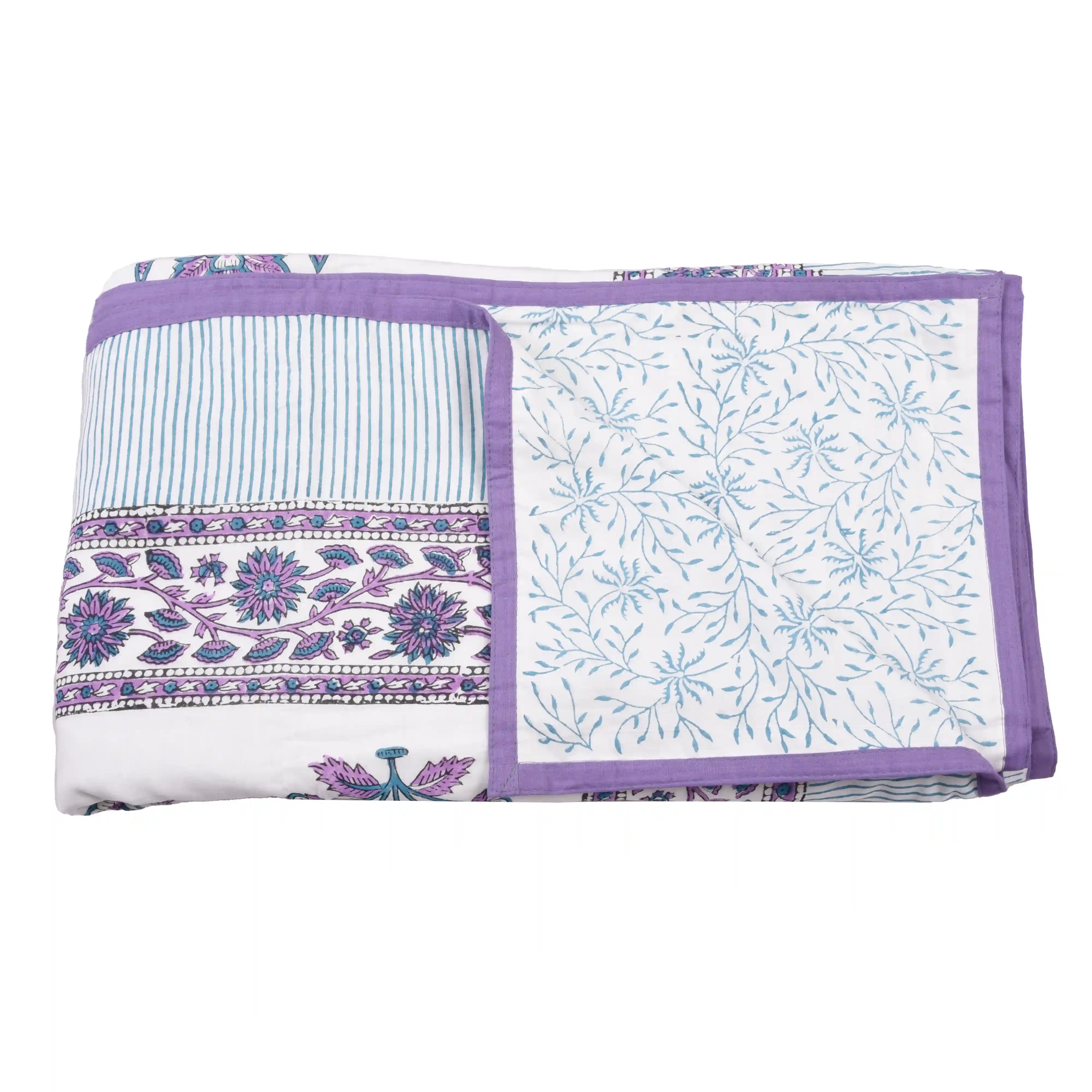 Jaipur Dohar Hand Block Printed Single Bed Cotton Dohar - Blue Purple Plant