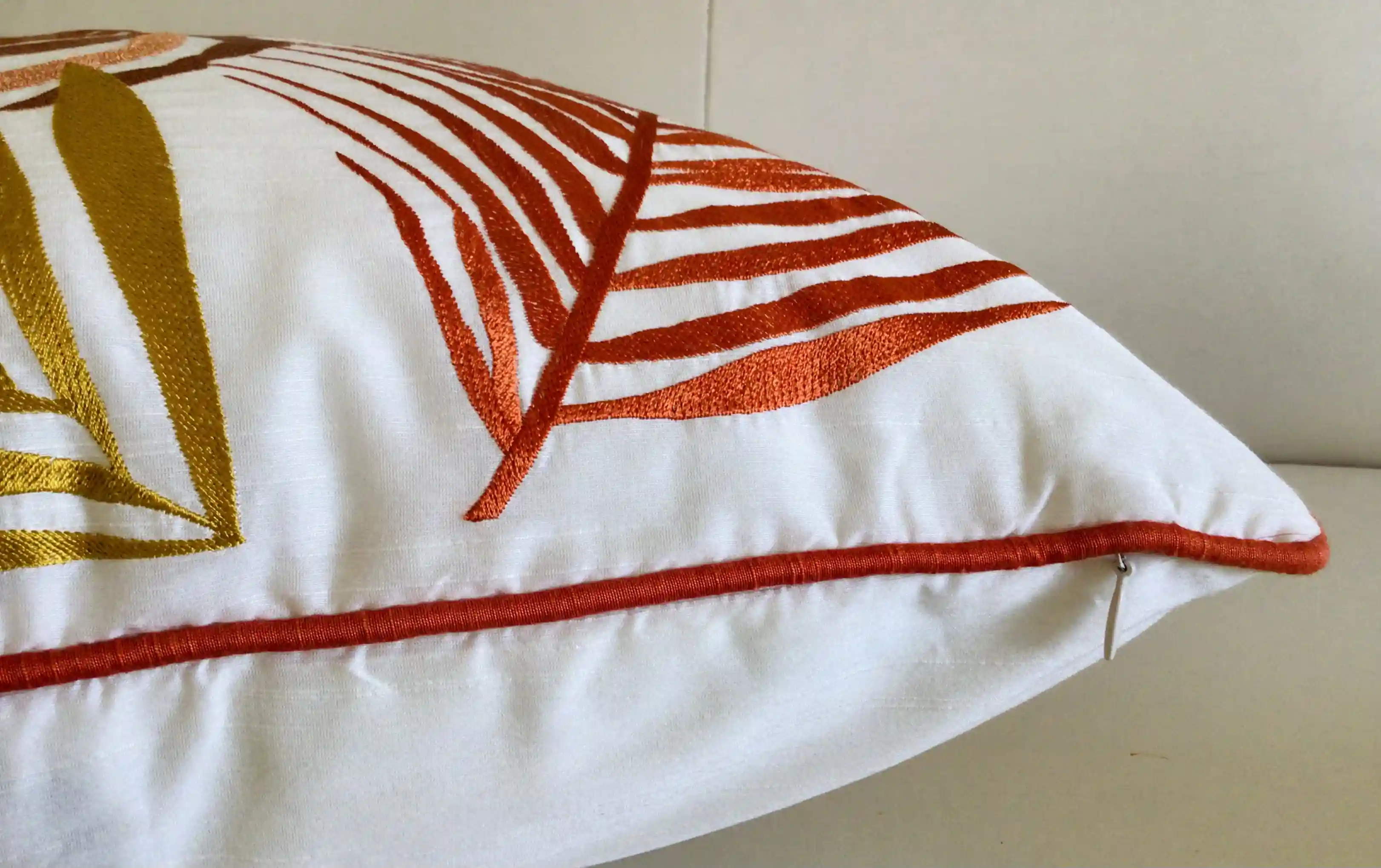 Palm Springs-  Embroidered Cotton Silk Cushion Cover- Autumn Orange- Set of 2