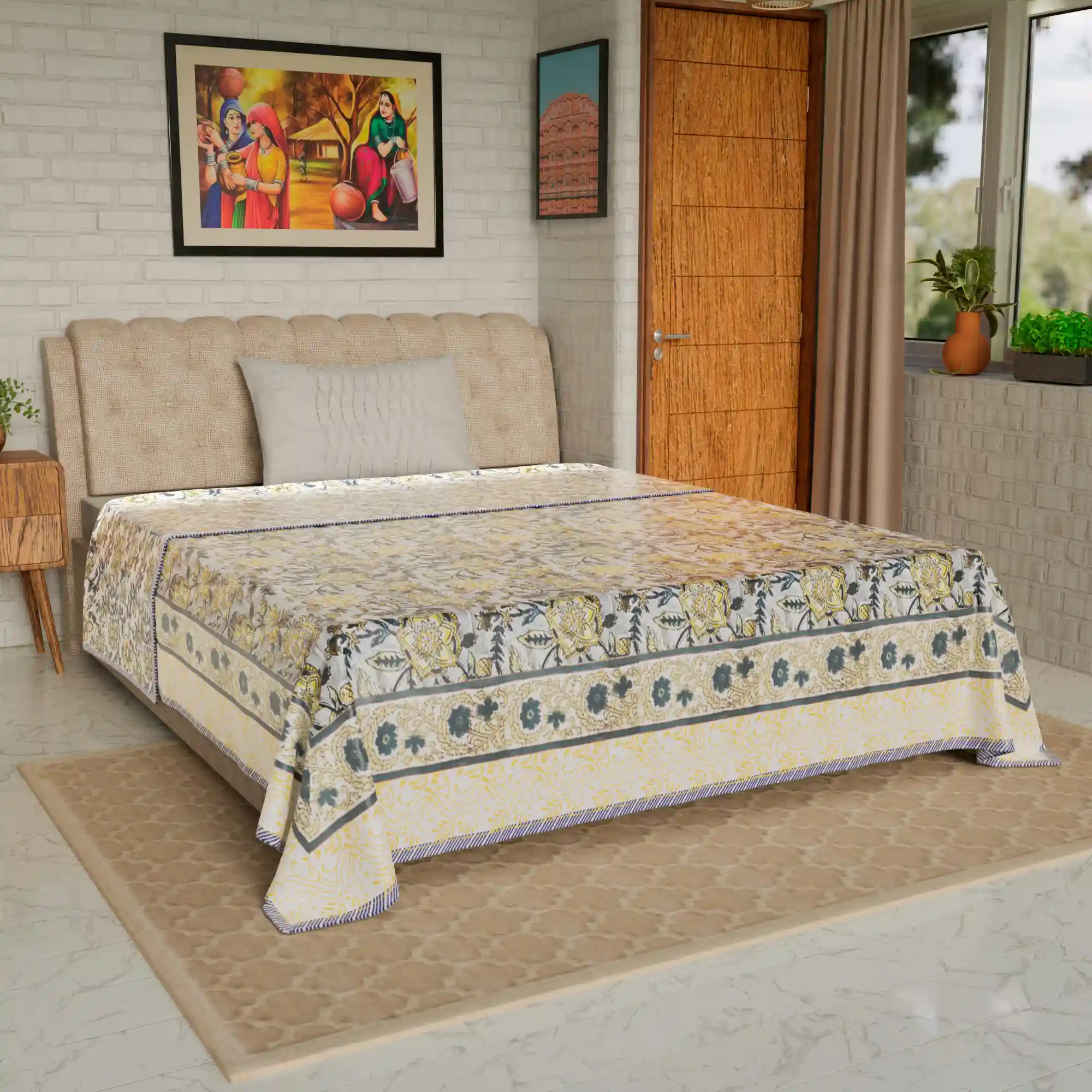 Jaipur Dohar Hand Block Printed Single Bed Cotton Dohar - Yellow Blue Floral