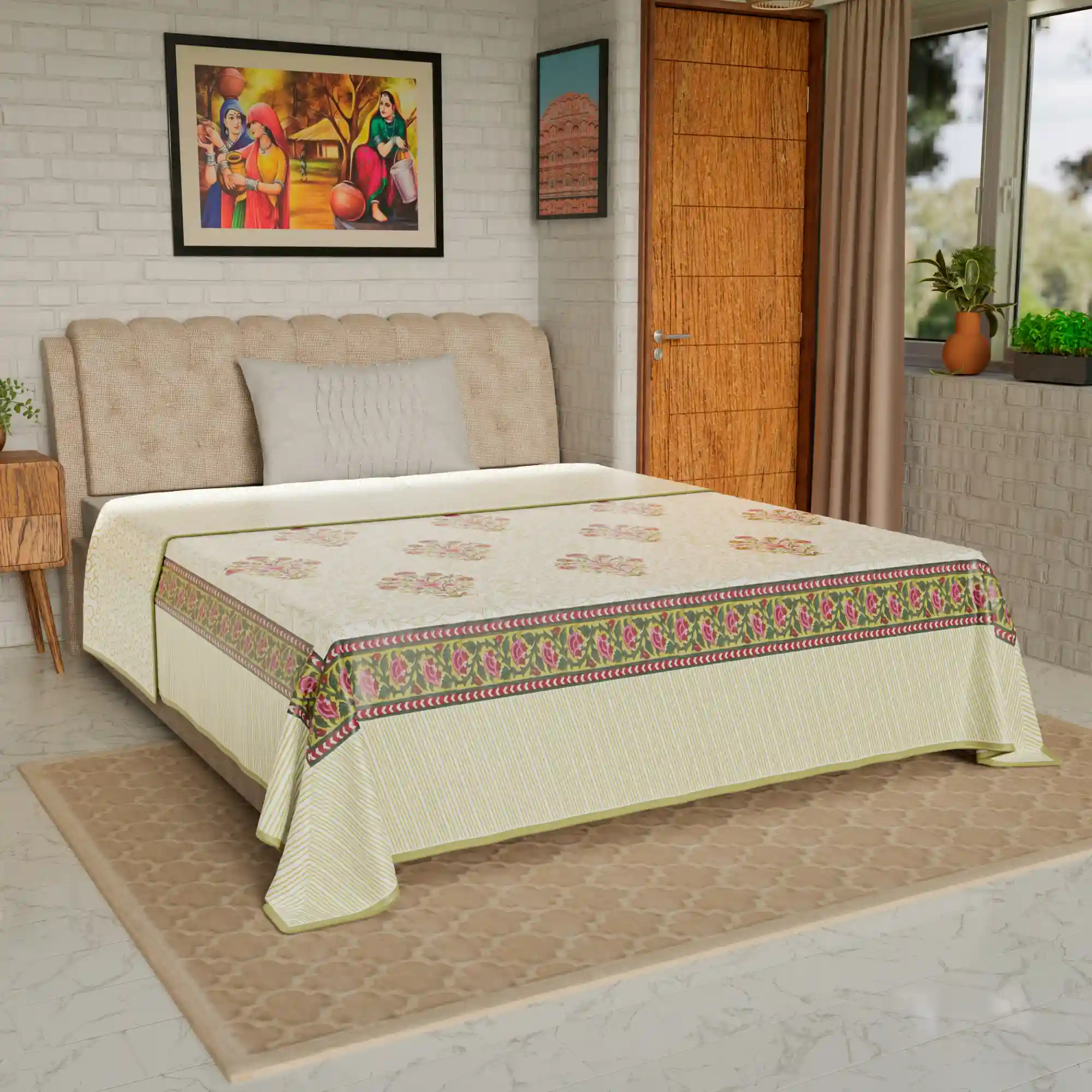 Jaipur Dohar Hand Block Printed Single Bed Cotton Dohar - Mustard Pink Bouquet