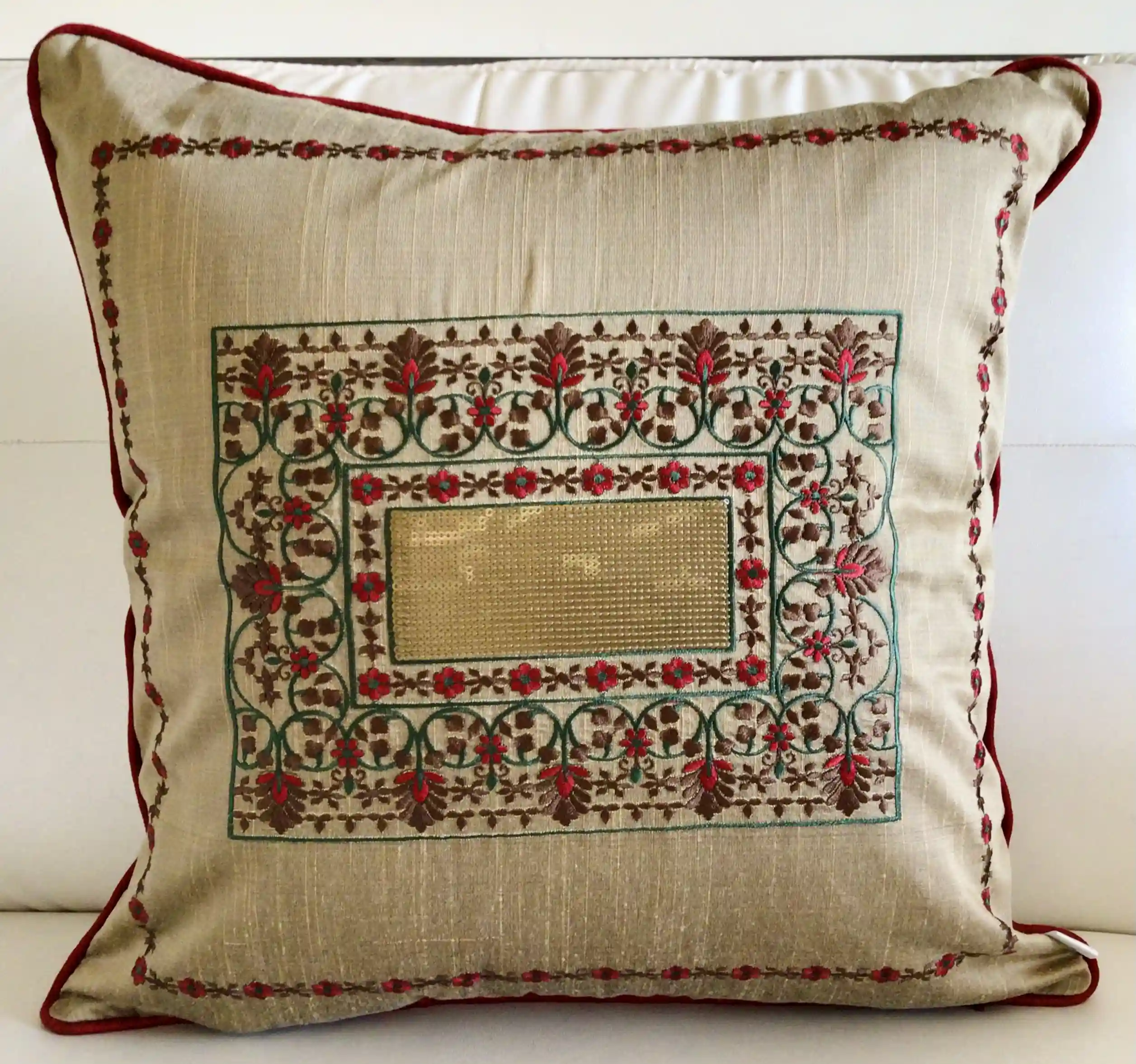 Magic Mirror- Embroidered Cotton Silk Cushion Cover- Dusky Gold- Set of 2