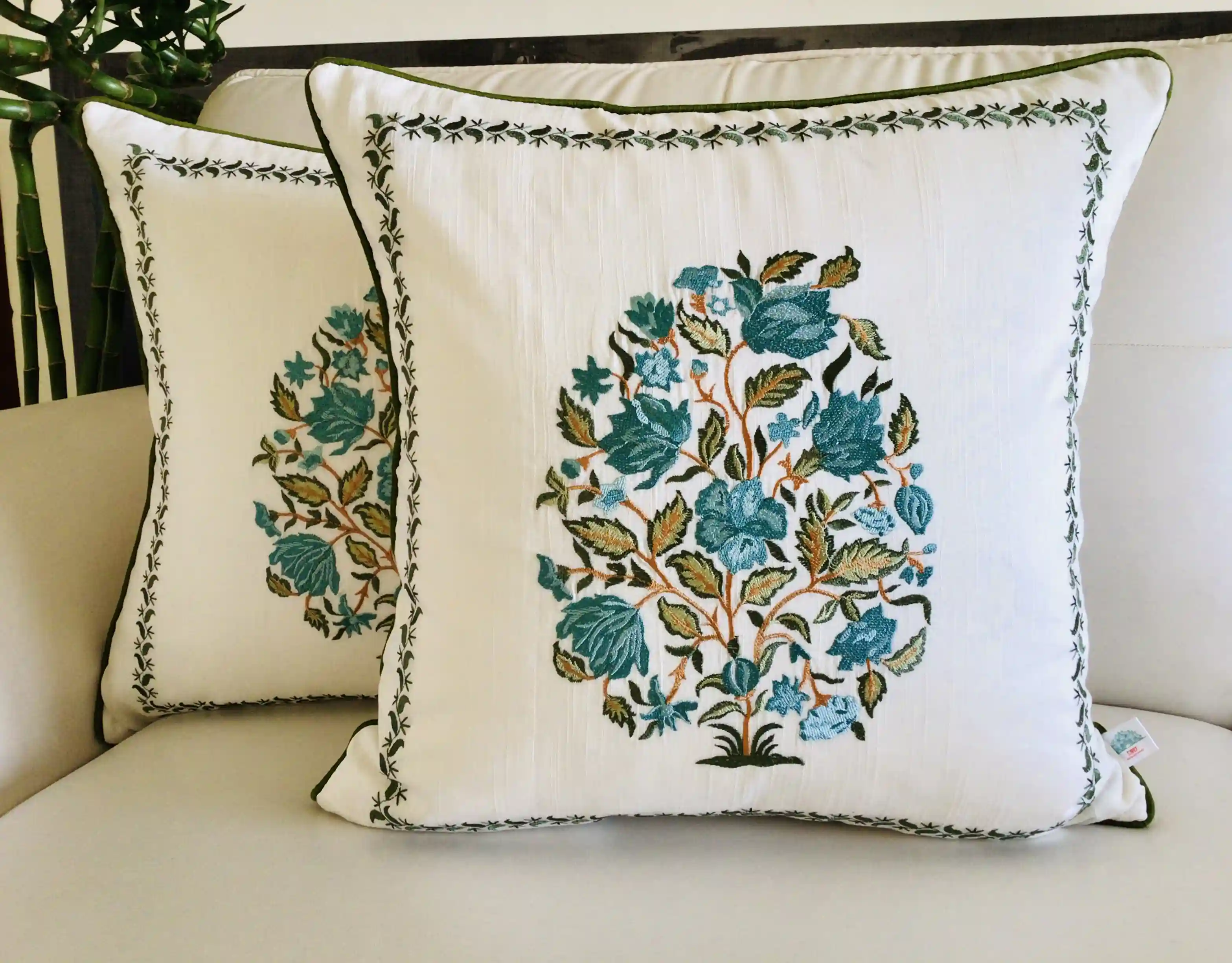 Wild Flower Fields- Embroidered Cotton Silk Cushion Cover- Pastel Blue & Green- Set of 2