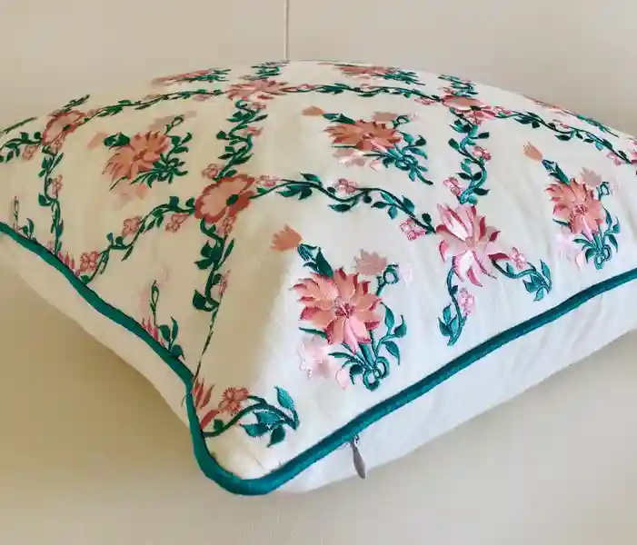 Paradise- Embroidered Cotton Silk Cushion Cover- Teal Blue & Off- White- Set of 2