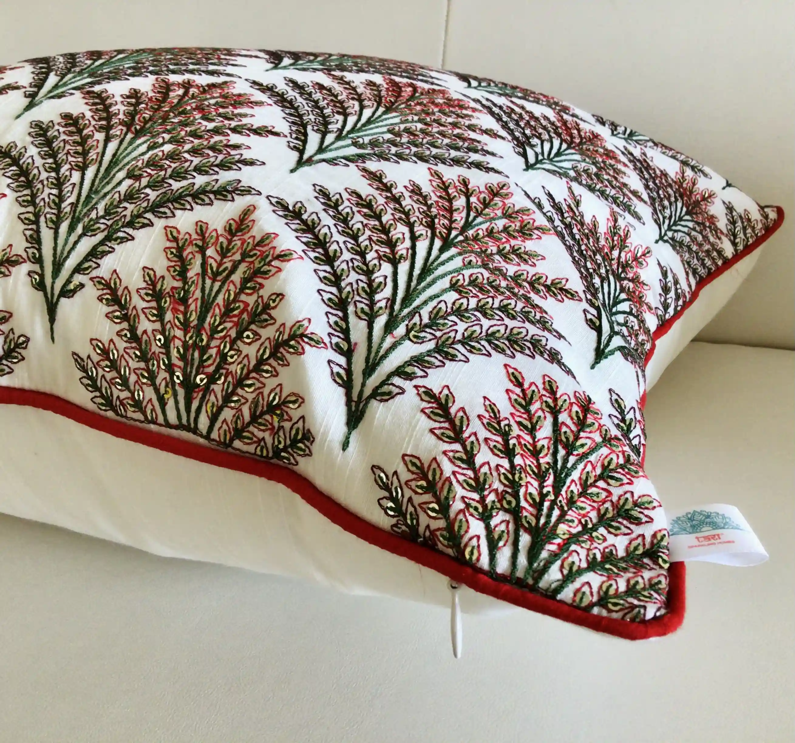 Shimmering Ferns- Embroidered Cotton Silk Cushion Cover- Multicolor- Set of 2