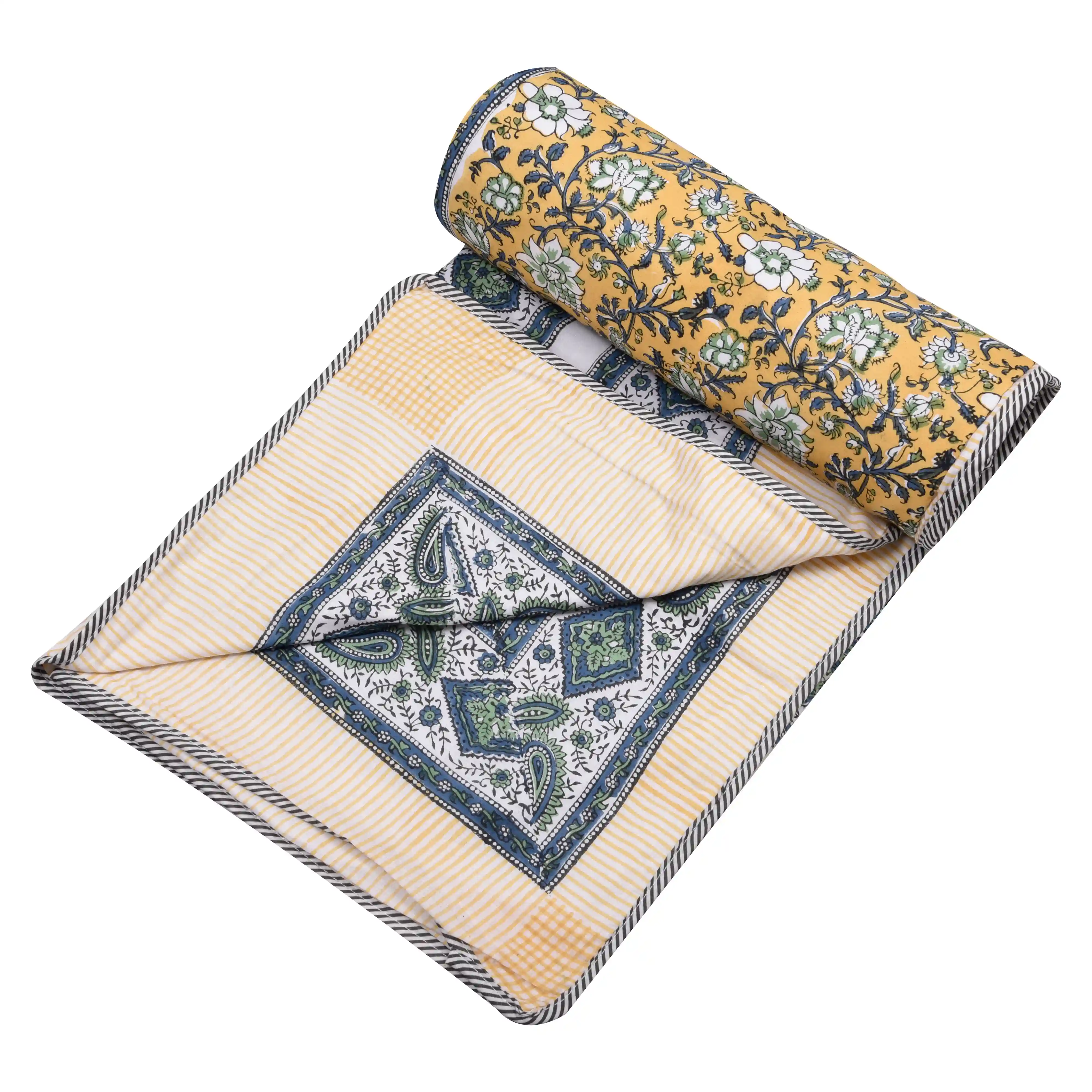Jaipur Dohar Hand Block Printed Single Bed Cotton Dohar - Green Blue Yellow Floral
