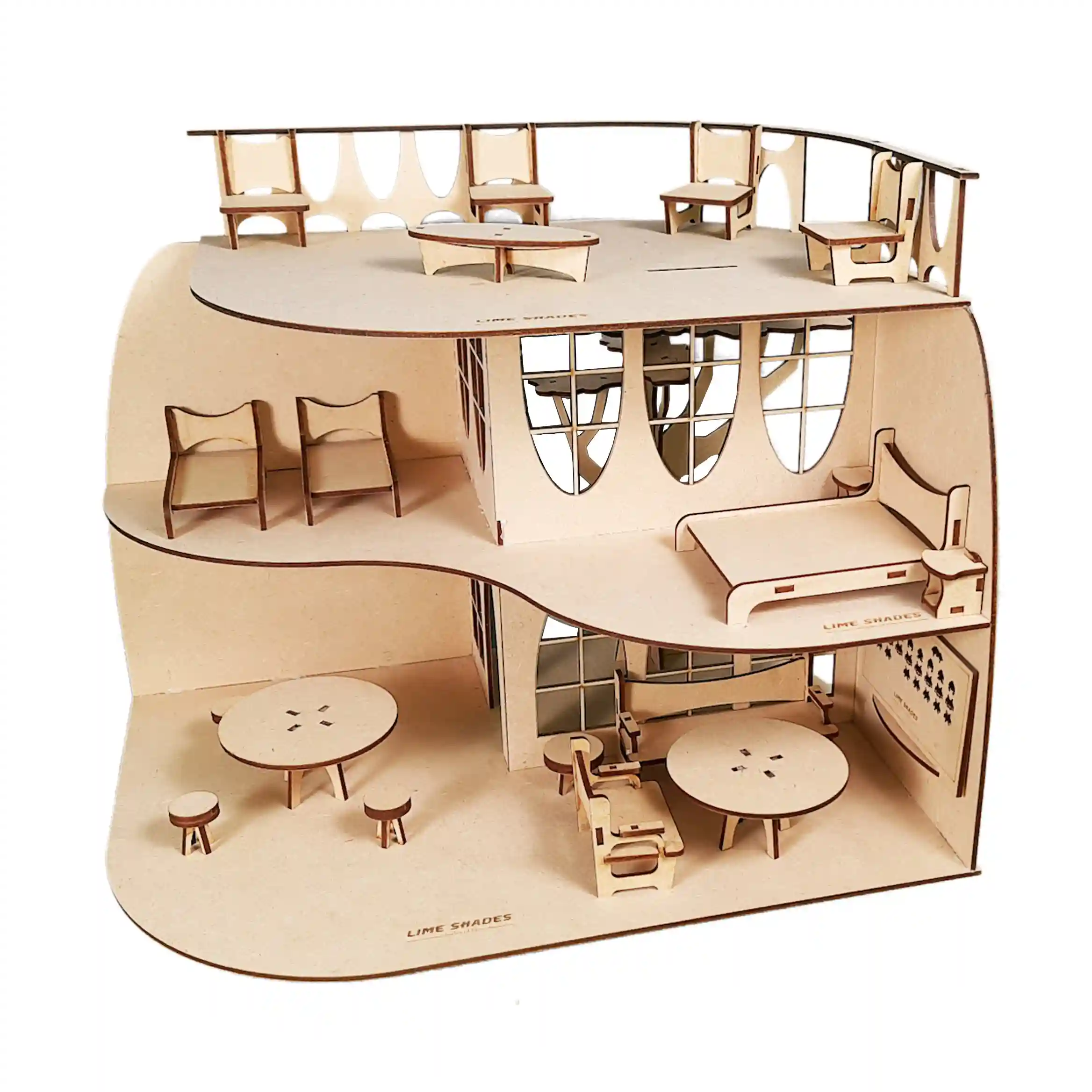 DIY Wooden 2-storey dollhouse with set of 16 dollhouse accessories and a tree