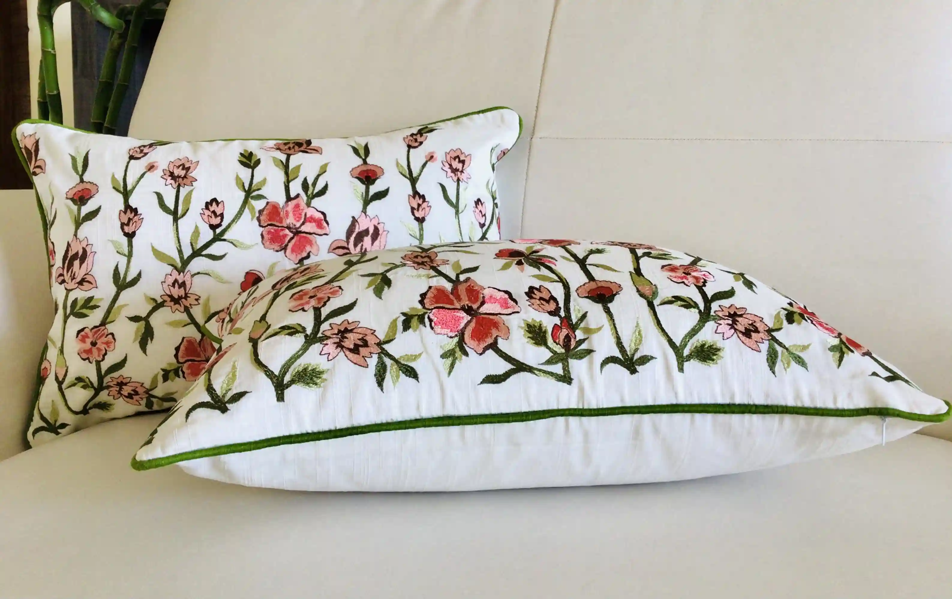 Wild Flower Fields- Embroidered Cotton Silk Cushion Cover- Pastel Pink & Green- Set of 2