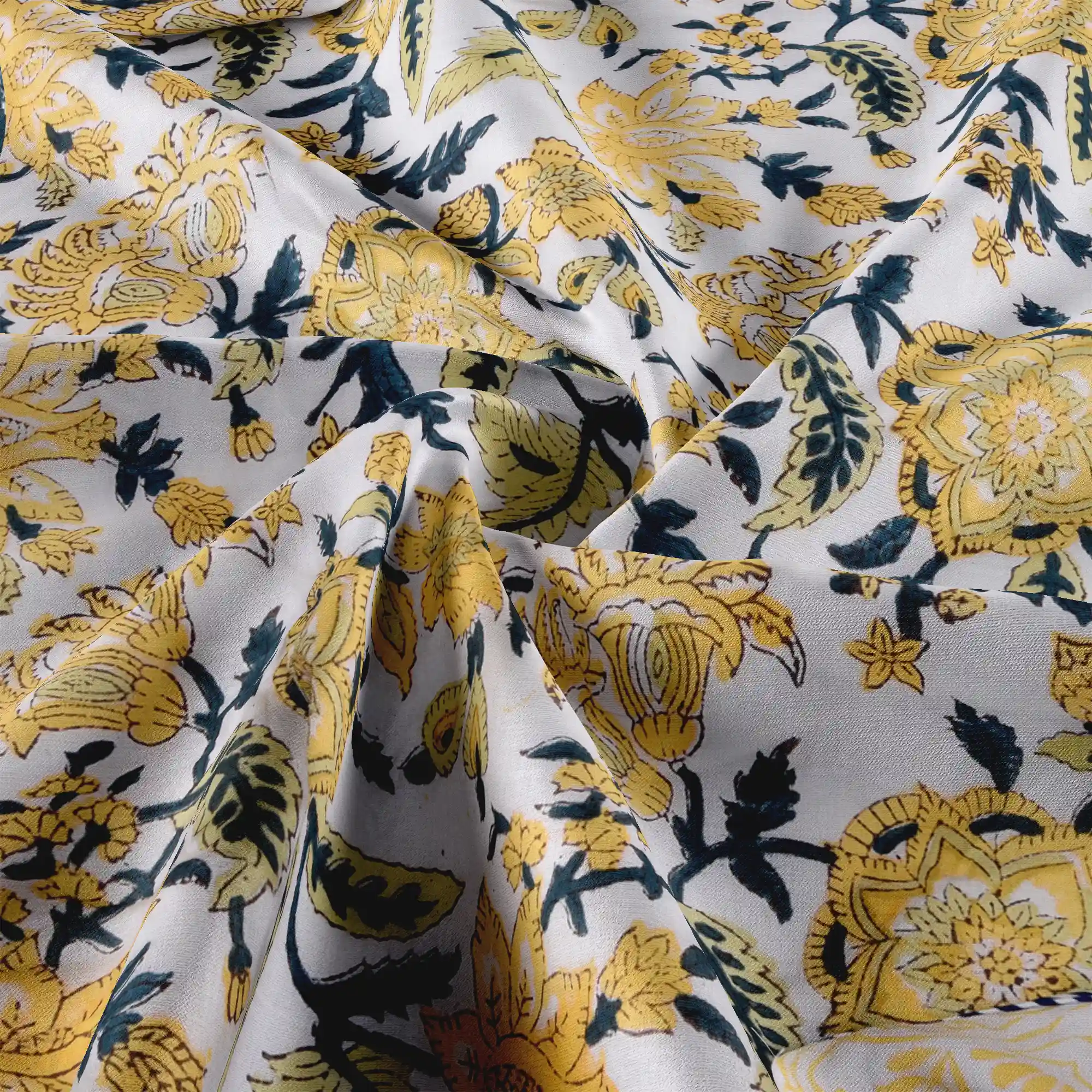 Jaipur Dohar Hand Block Printed Single Bed Cotton Dohar - Yellow Blue Floral