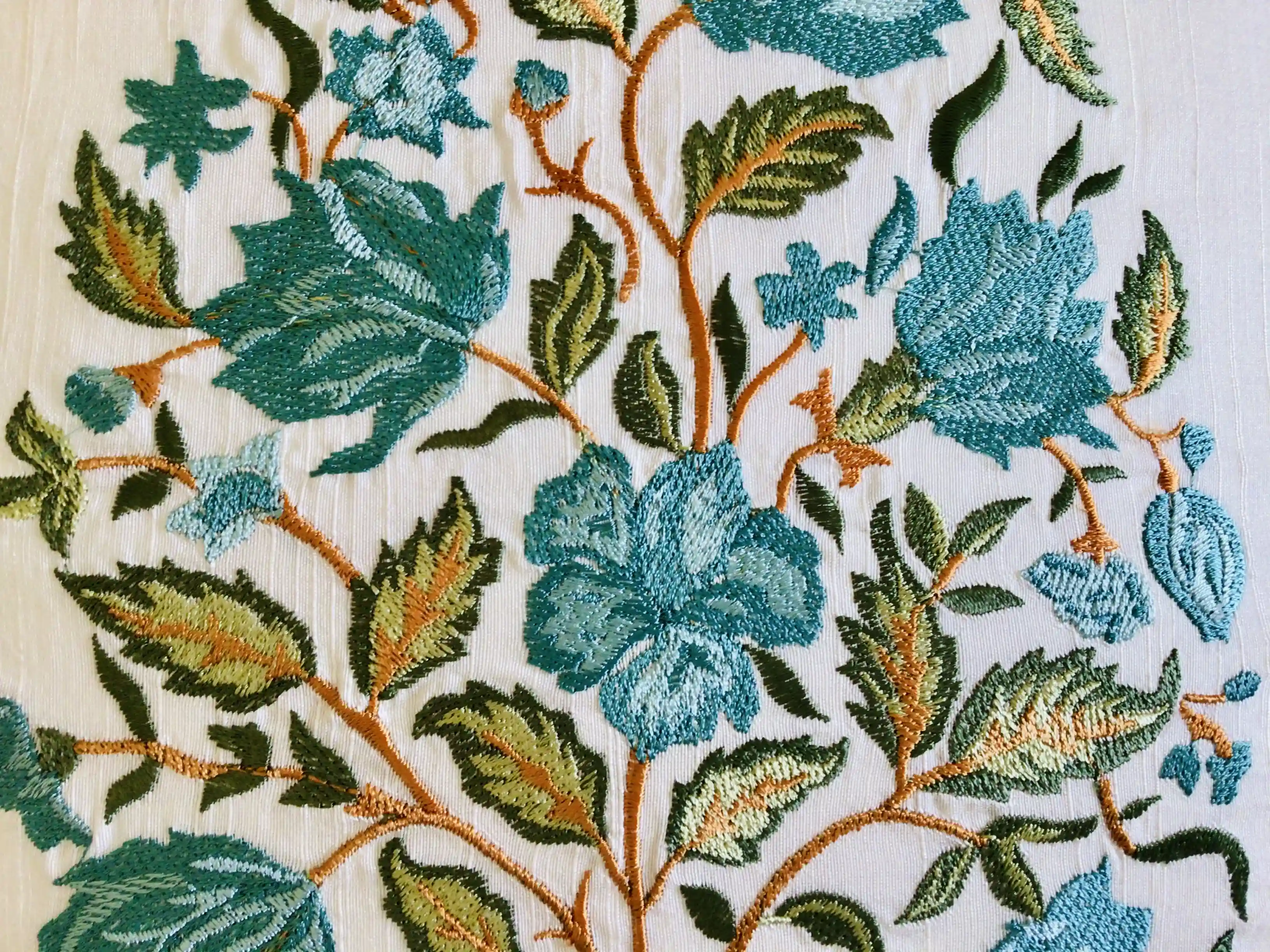 Wild Flower Fields- Embroidered Cotton Silk Cushion Cover- Pastel Blue & Green- Set of 2