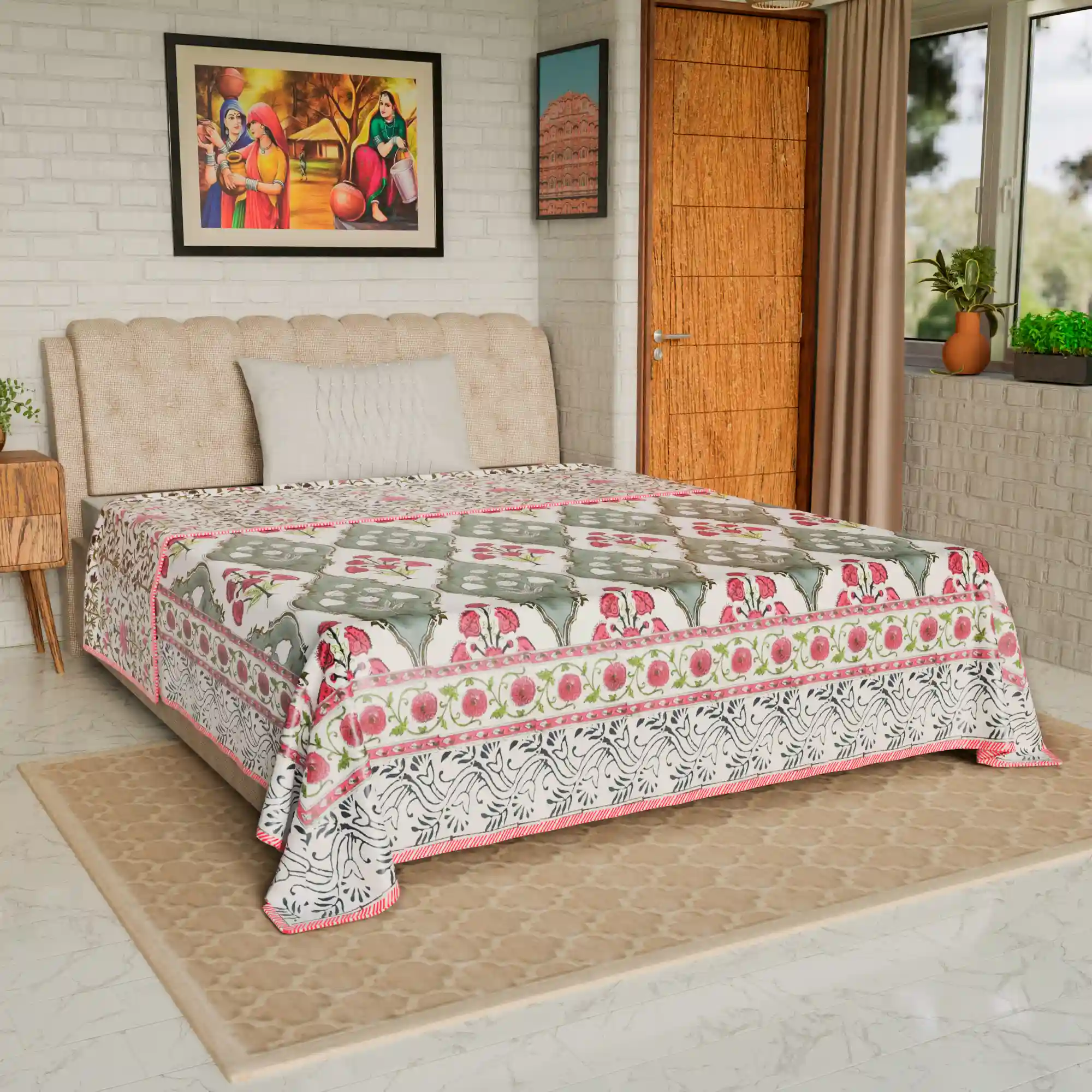Jaipur Dohar Hand Block Printed Single Bed Cotton Dohar - Grey Red Floral
