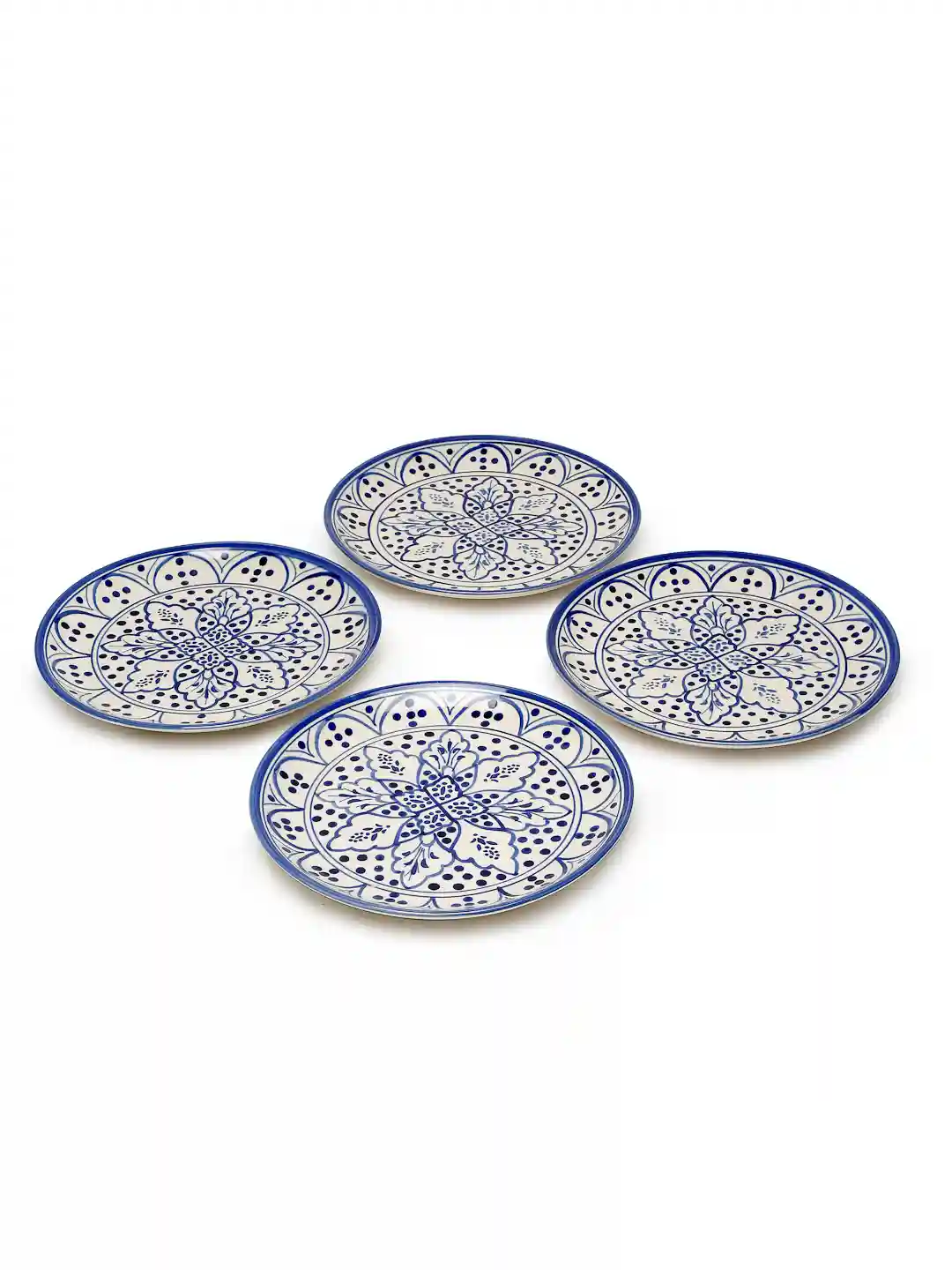 Shilpkara 'Moroccan Bloom' Hand Painted Studio Pottery Ceramic Plates For Dinner 10 Inch - Set of 4(Blue)