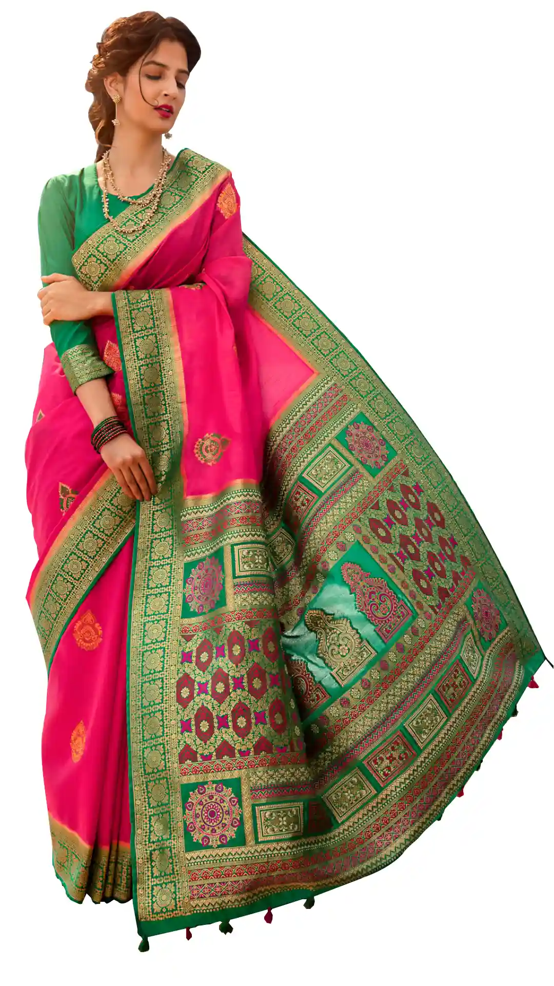 Aura Banarasi Silk Saree With Traditional Motifs - Gajari & Rama