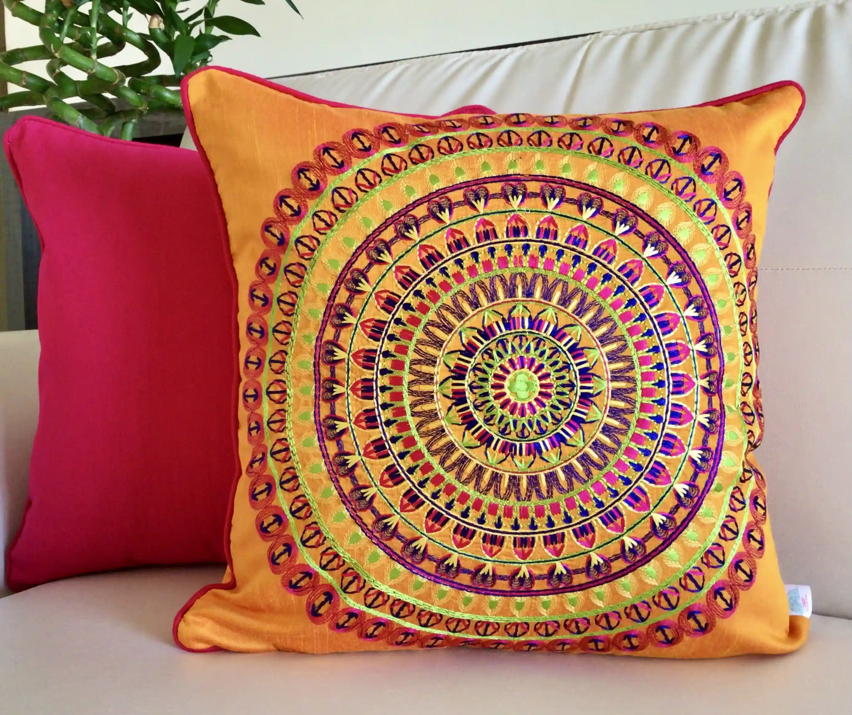 Colors of India- Embroidered Cotton Silk Cushion Cover- Vermillion Orange- Set of 2